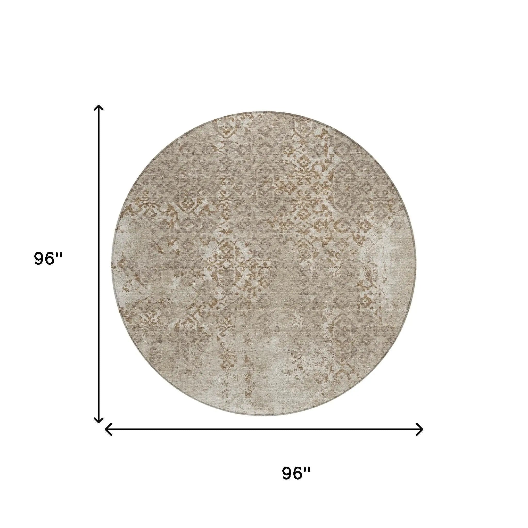 8' Beige And Gray Round Oriental Washable Indoor Outdoor Area Rug Homeroots Outdoor