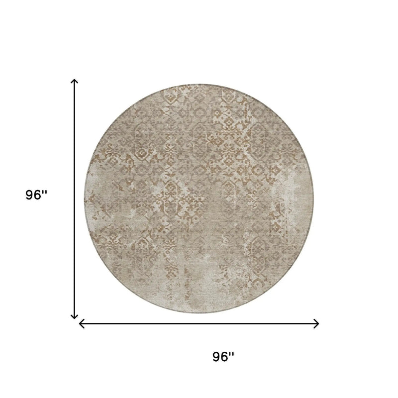 8' Beige And Gray Round Oriental Washable Indoor Outdoor Area Rug Homeroots Outdoor