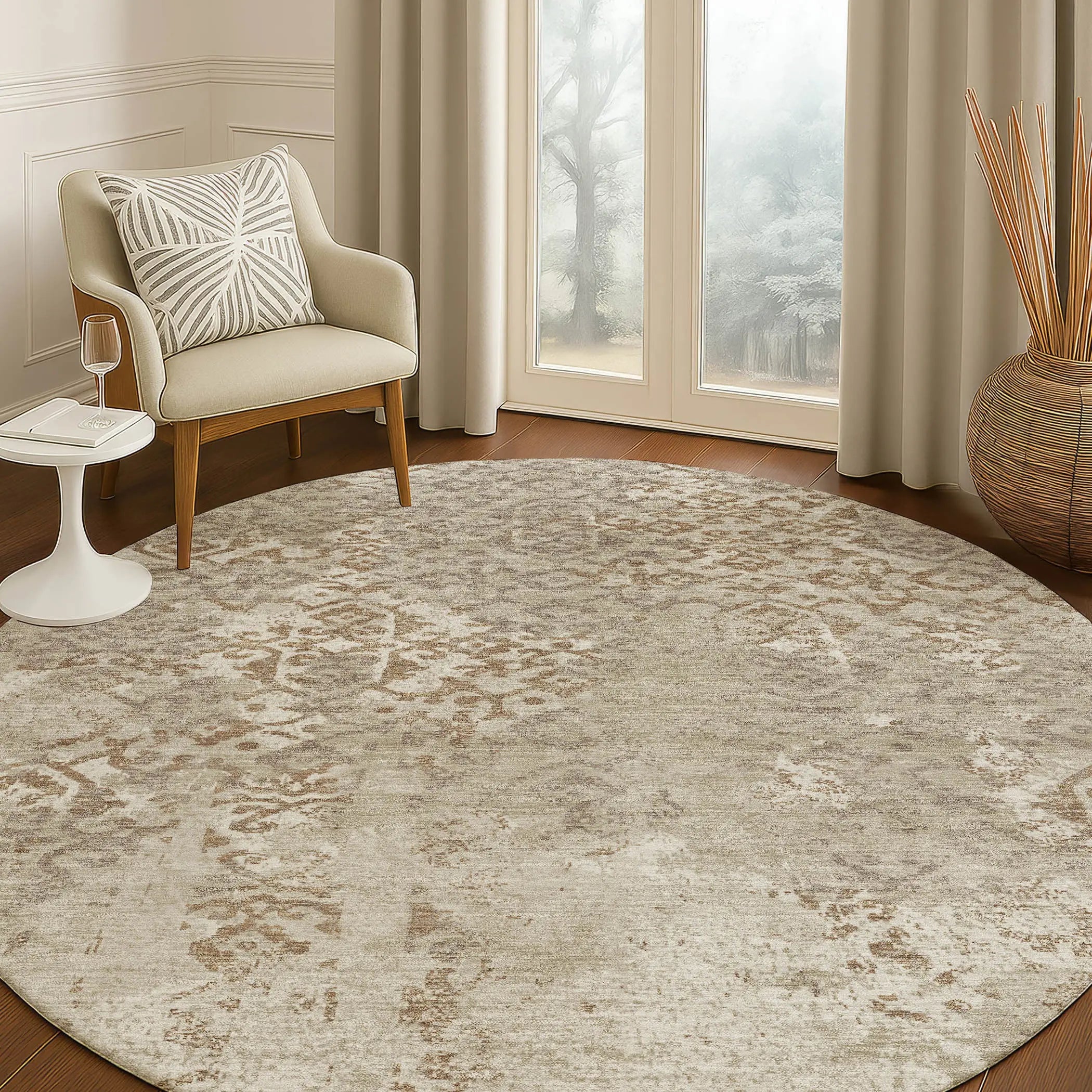 8' Beige And Gray Round Oriental Washable Indoor Outdoor Area Rug Homeroots Outdoor