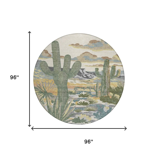 8' Beige And Green Round Trees Washable Indoor Outdoor Area Rug Homeroots Outdoor
