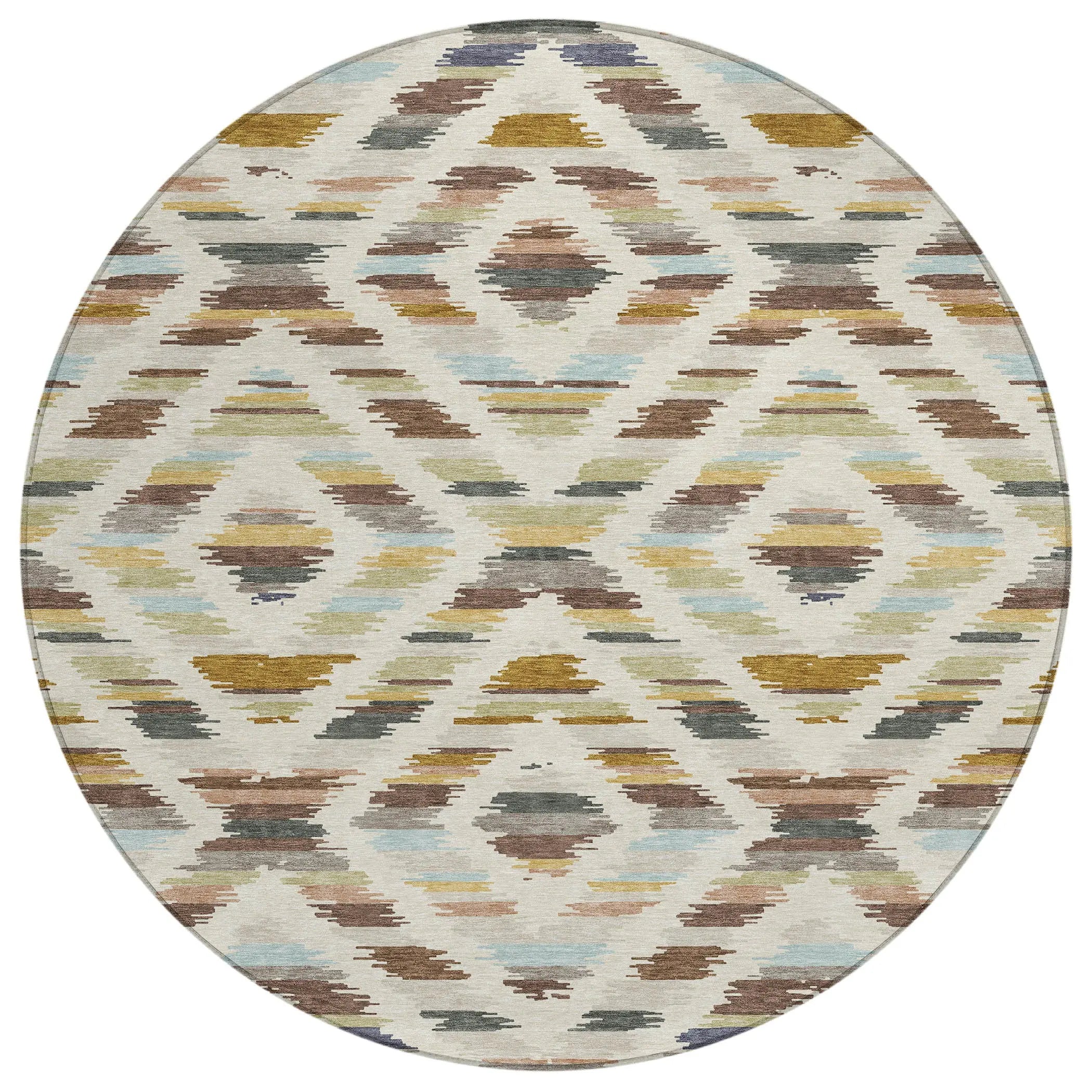 8' Beige And Green Round Tribal Washable Indoor Outdoor Area Rug Homeroots Outdoor