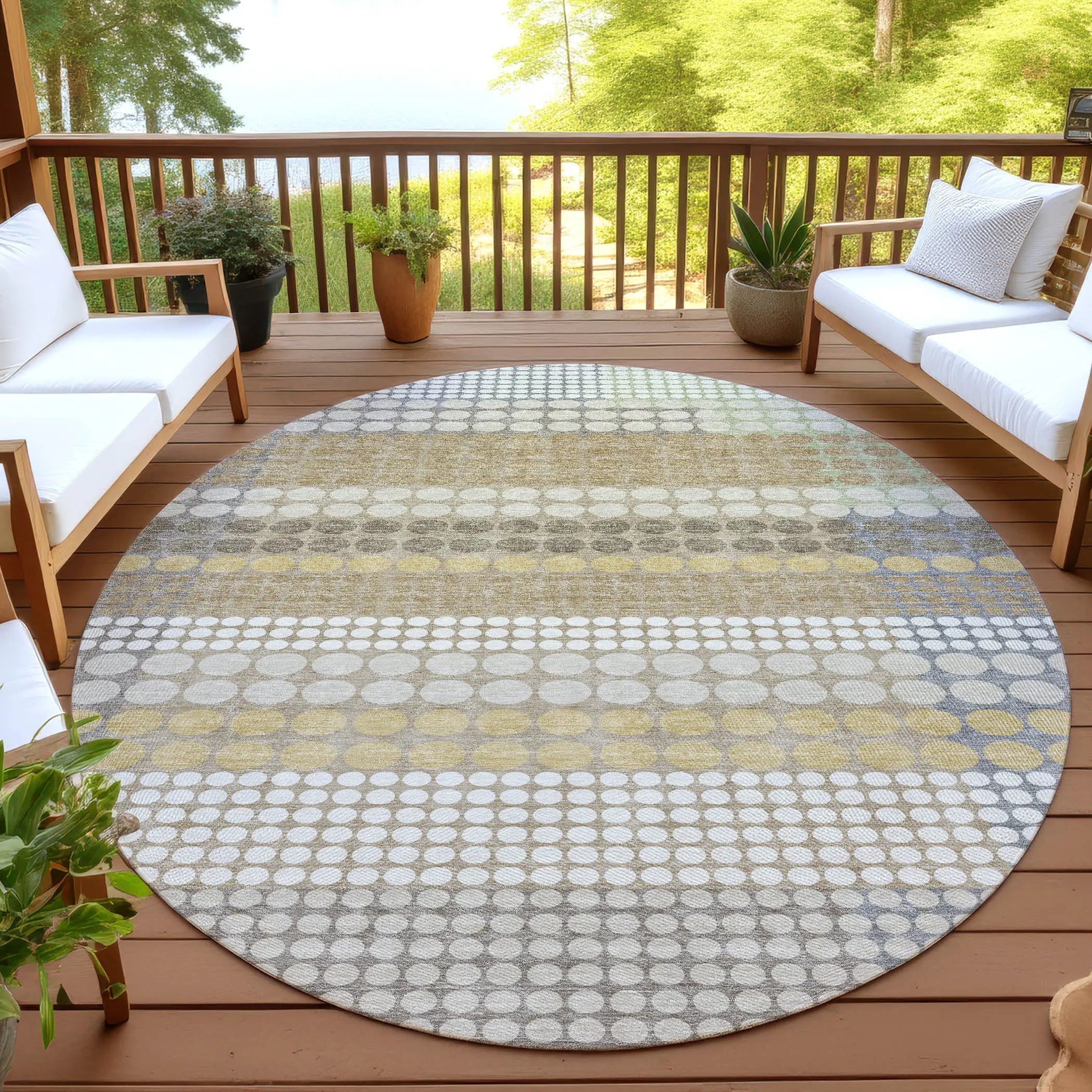 8' Beige And Ivory Round Geometric Washable Indoor Outdoor Area Rug Homeroots Outdoor
