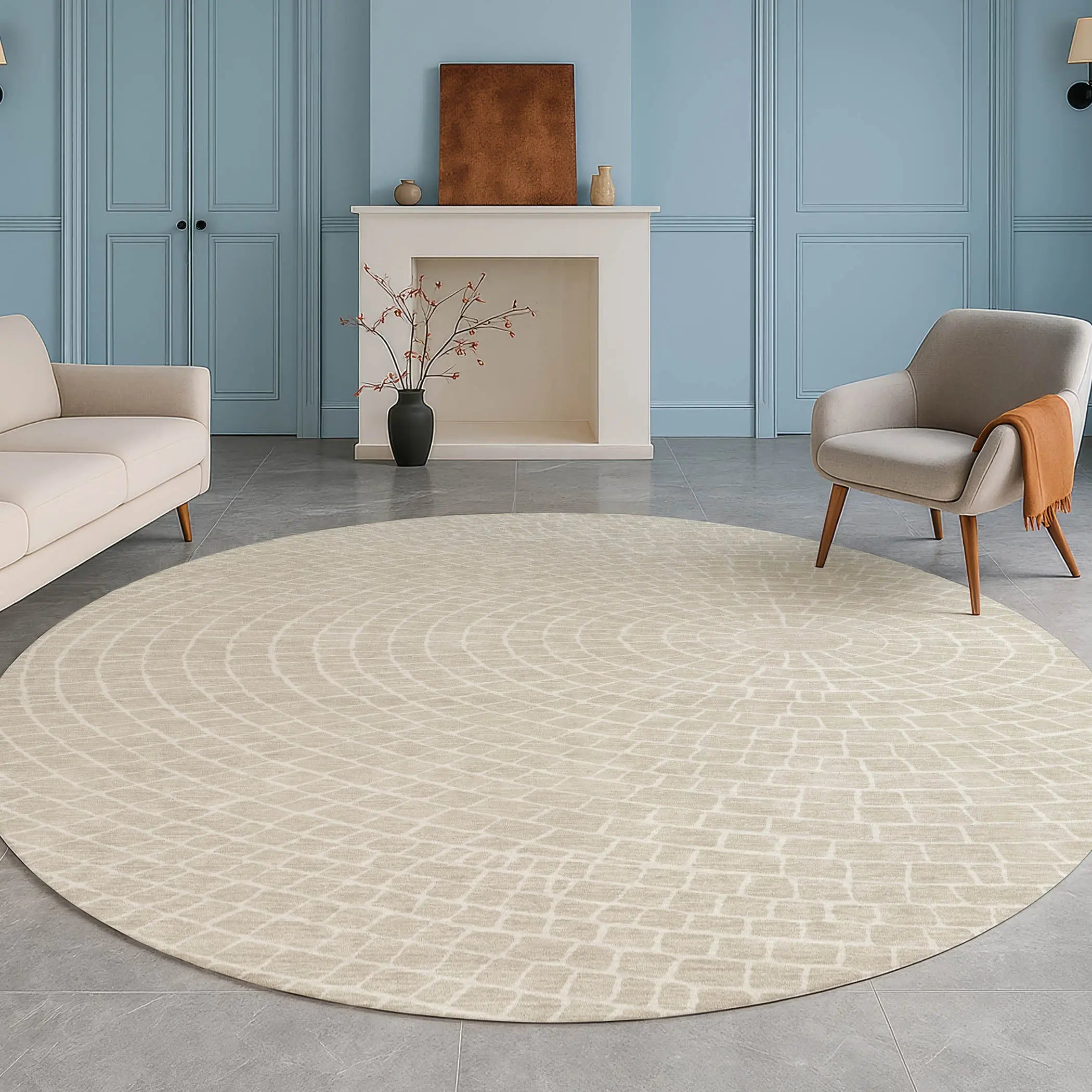 8' Beige And Ivory Round Geometric Washable Indoor Outdoor Area Rug Homeroots Outdoor