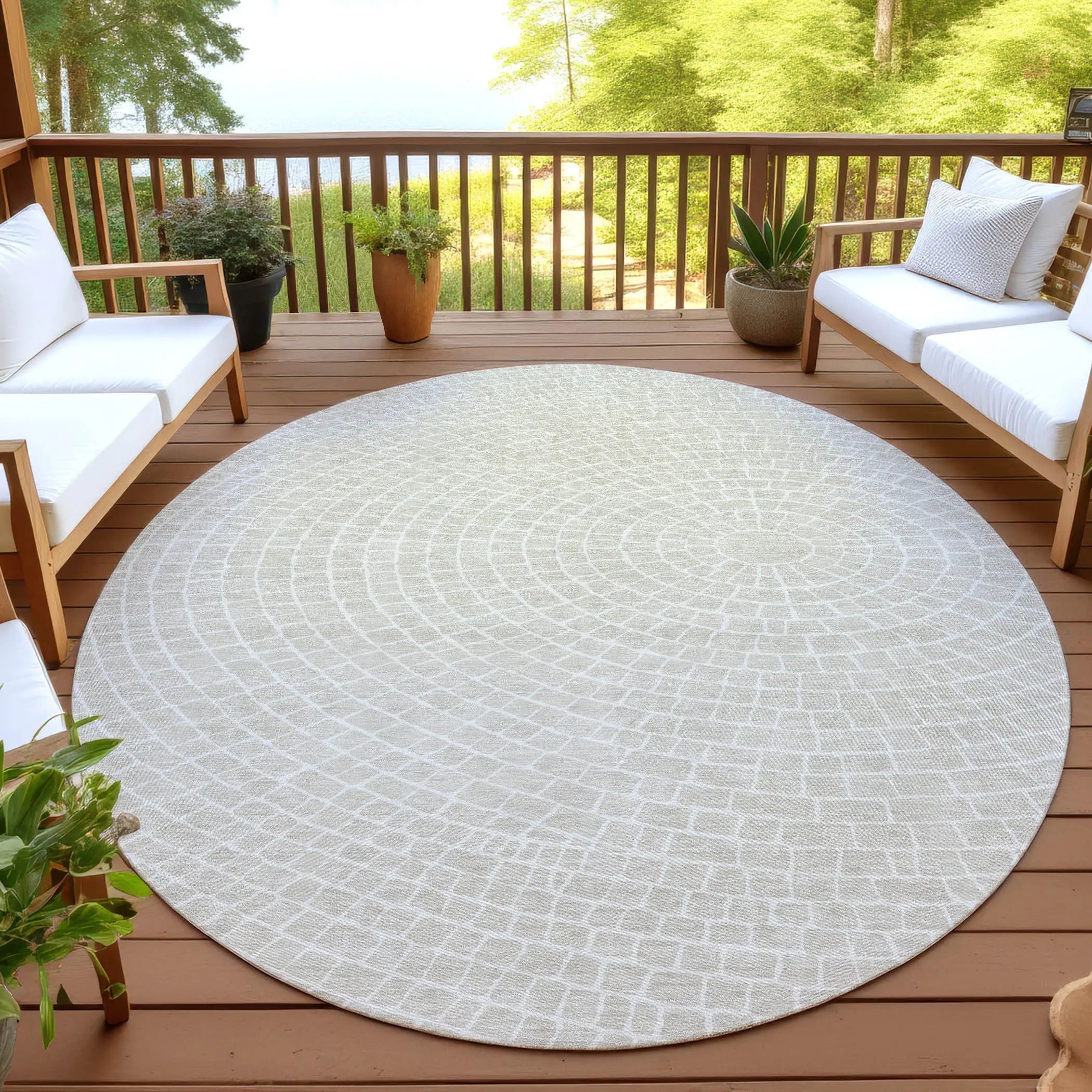 8' Beige And Ivory Round Geometric Washable Indoor Outdoor Area Rug Homeroots Outdoor