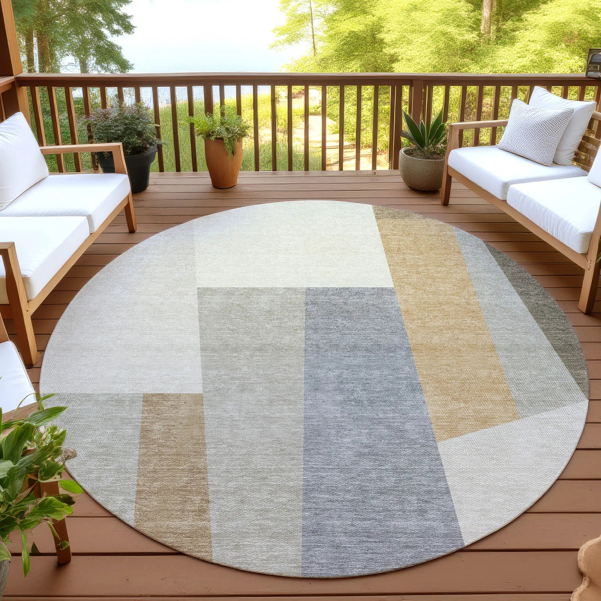 8' Beige And Ivory Round Geometric Washable Indoor Outdoor Area Rug Homeroots Outdoor