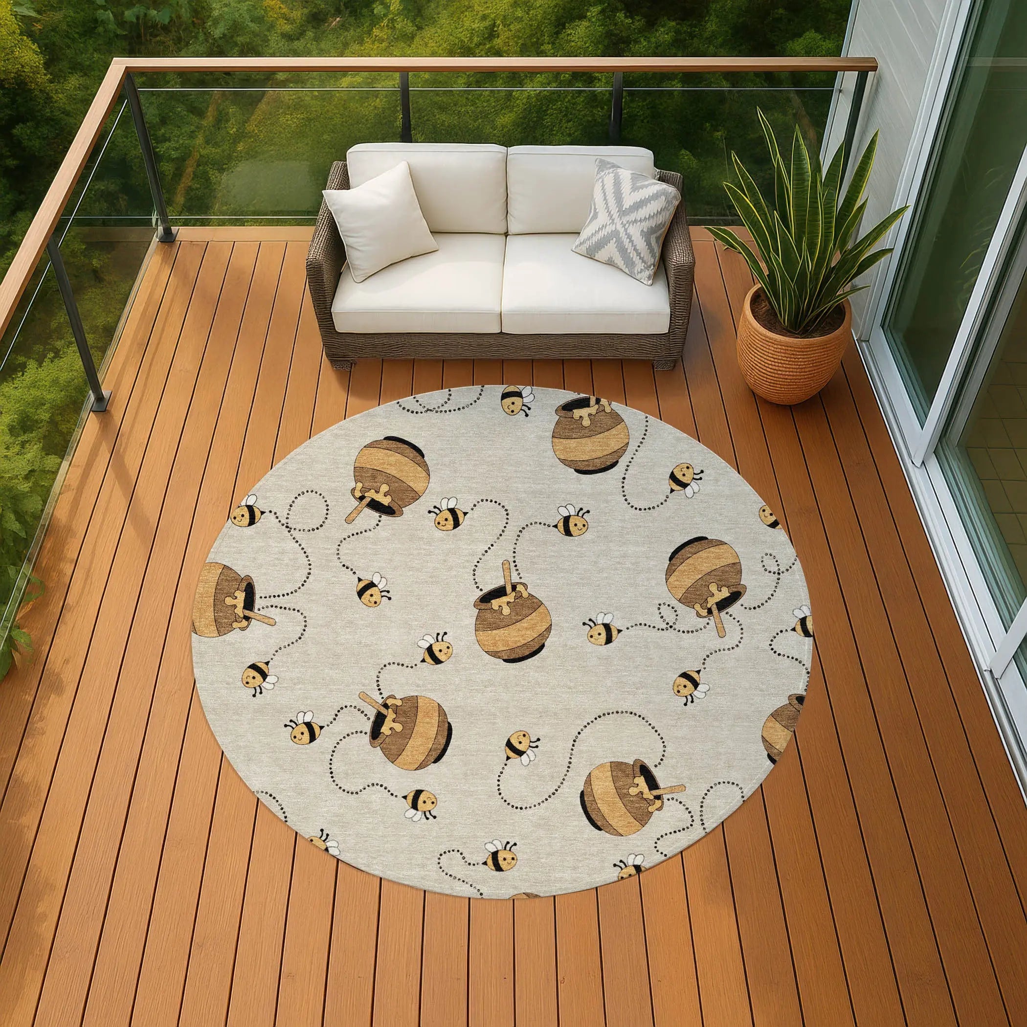 8' Beige And Ivory Round Geometric Washable Indoor Outdoor Area Rug Homeroots Outdoor