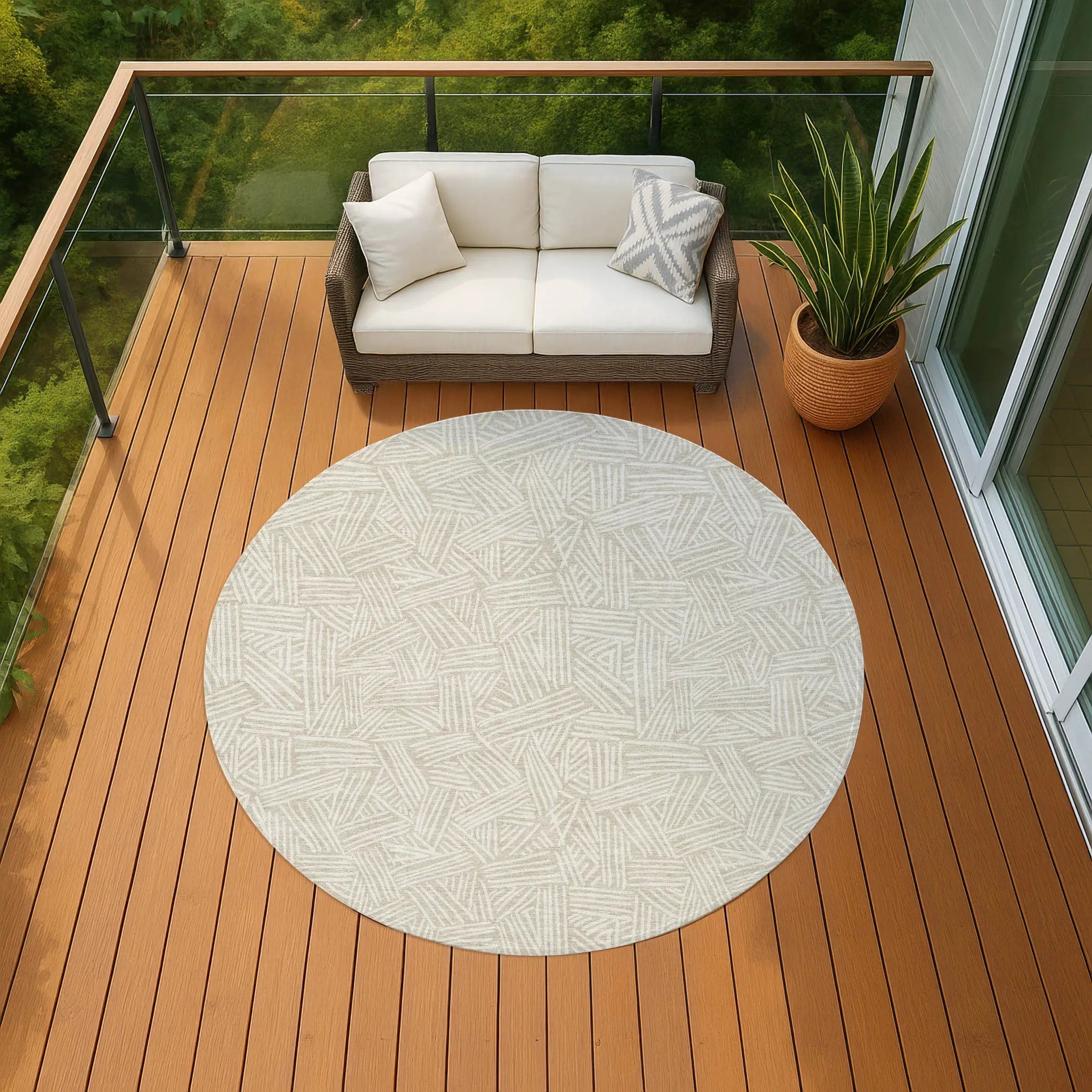 8' Beige And Ivory Round Geometric Washable Indoor Outdoor Area Rug Homeroots Outdoor