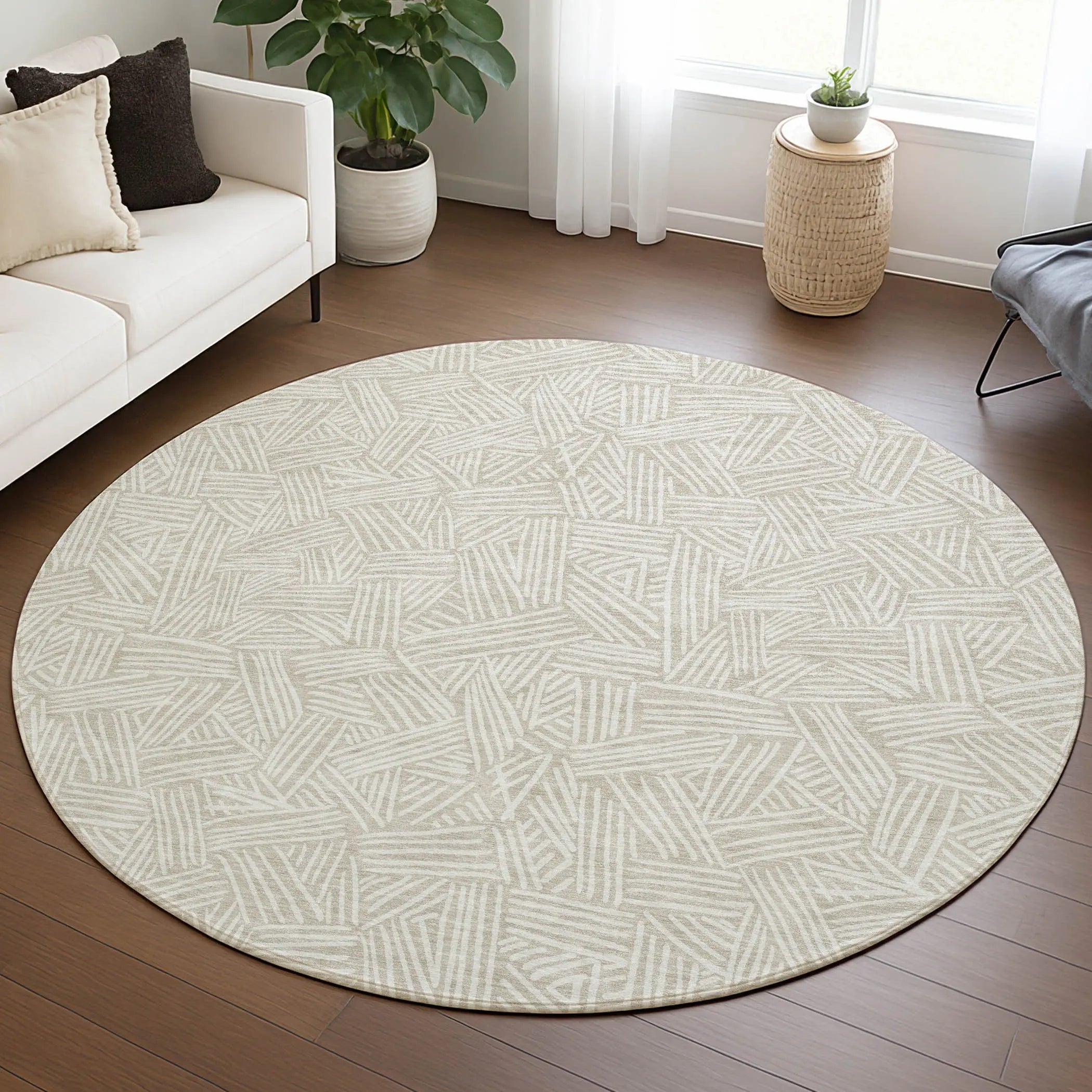 8' Beige And Ivory Round Geometric Washable Indoor Outdoor Area Rug Homeroots Outdoor