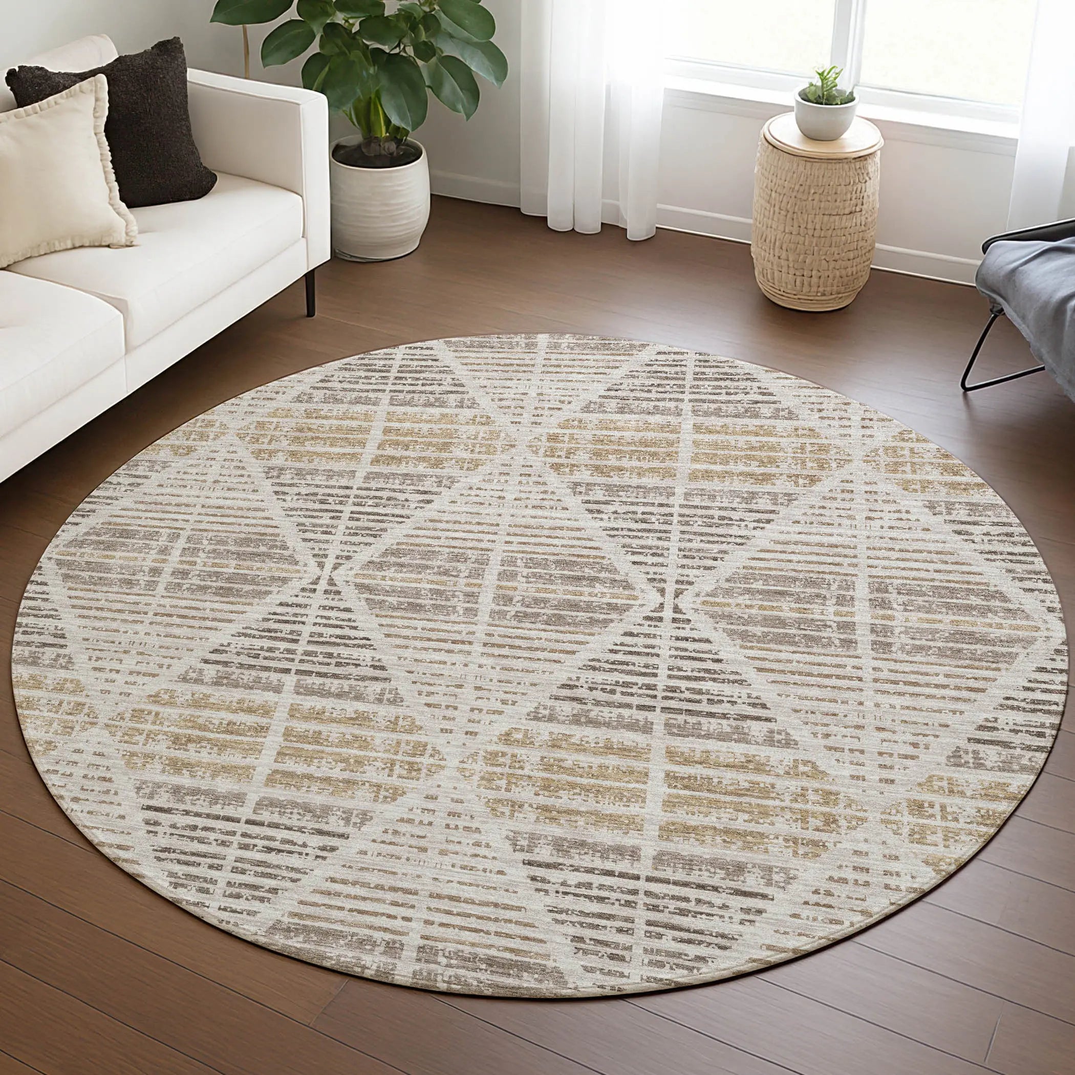 8' Beige And Ivory Round Geometric Washable Indoor Outdoor Area Rug Homeroots Outdoor
