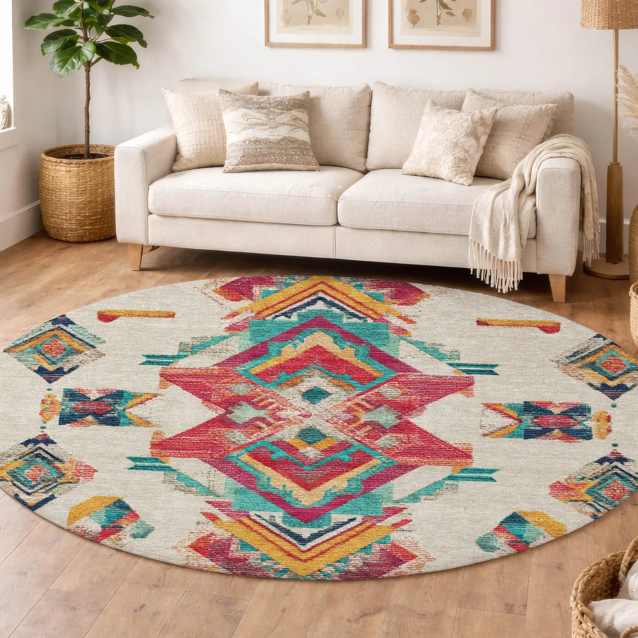8' Beige And Ivory Round Tribal Washable Indoor Outdoor Area Rug Homeroots Outdoor