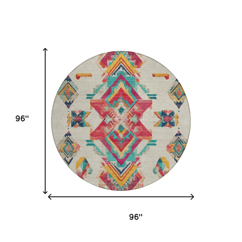 8' Beige And Ivory Round Tribal Washable Indoor Outdoor Area Rug Homeroots Outdoor