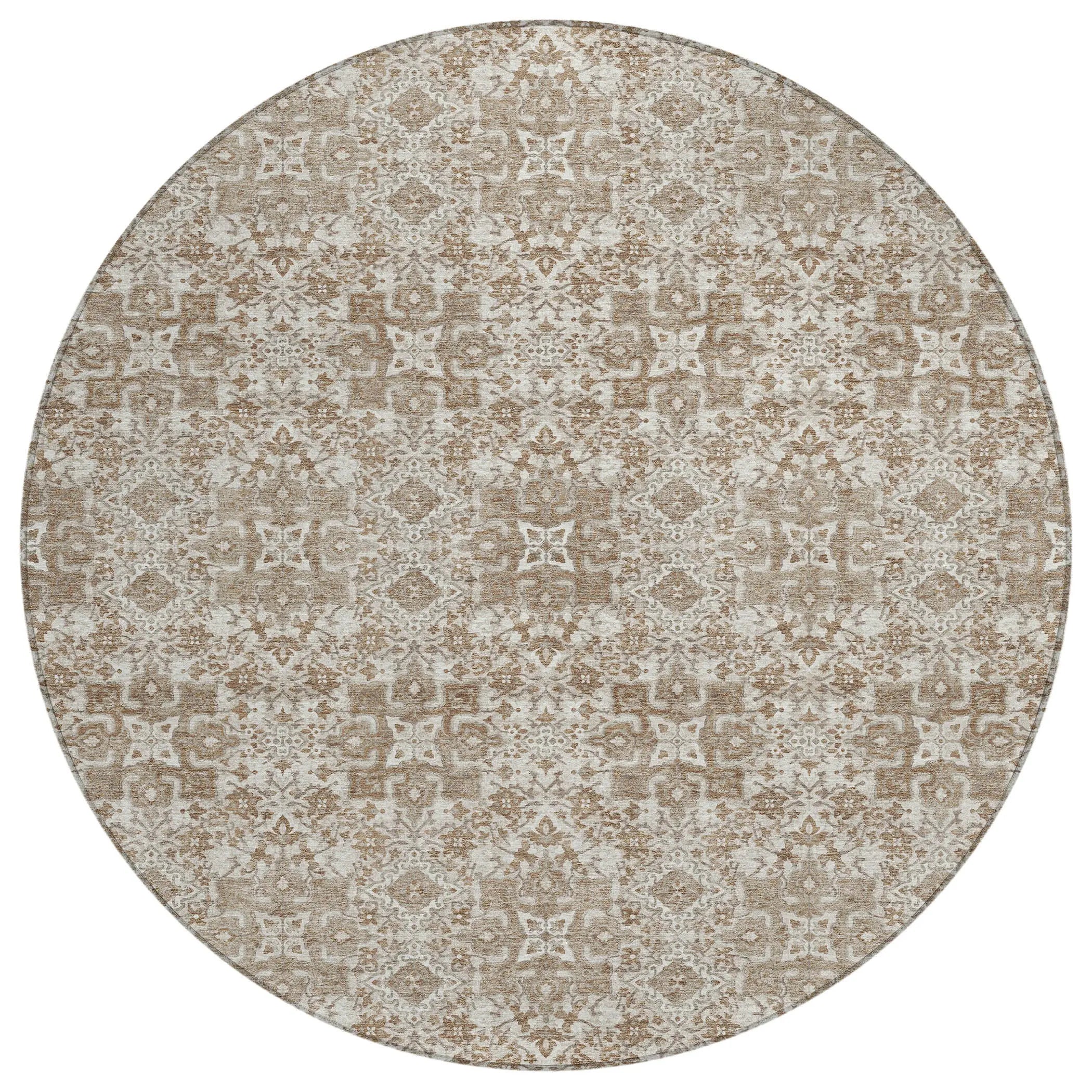 8' Beige And Khaki Round Oriental Washable Indoor Outdoor Area Rug Homeroots Outdoor