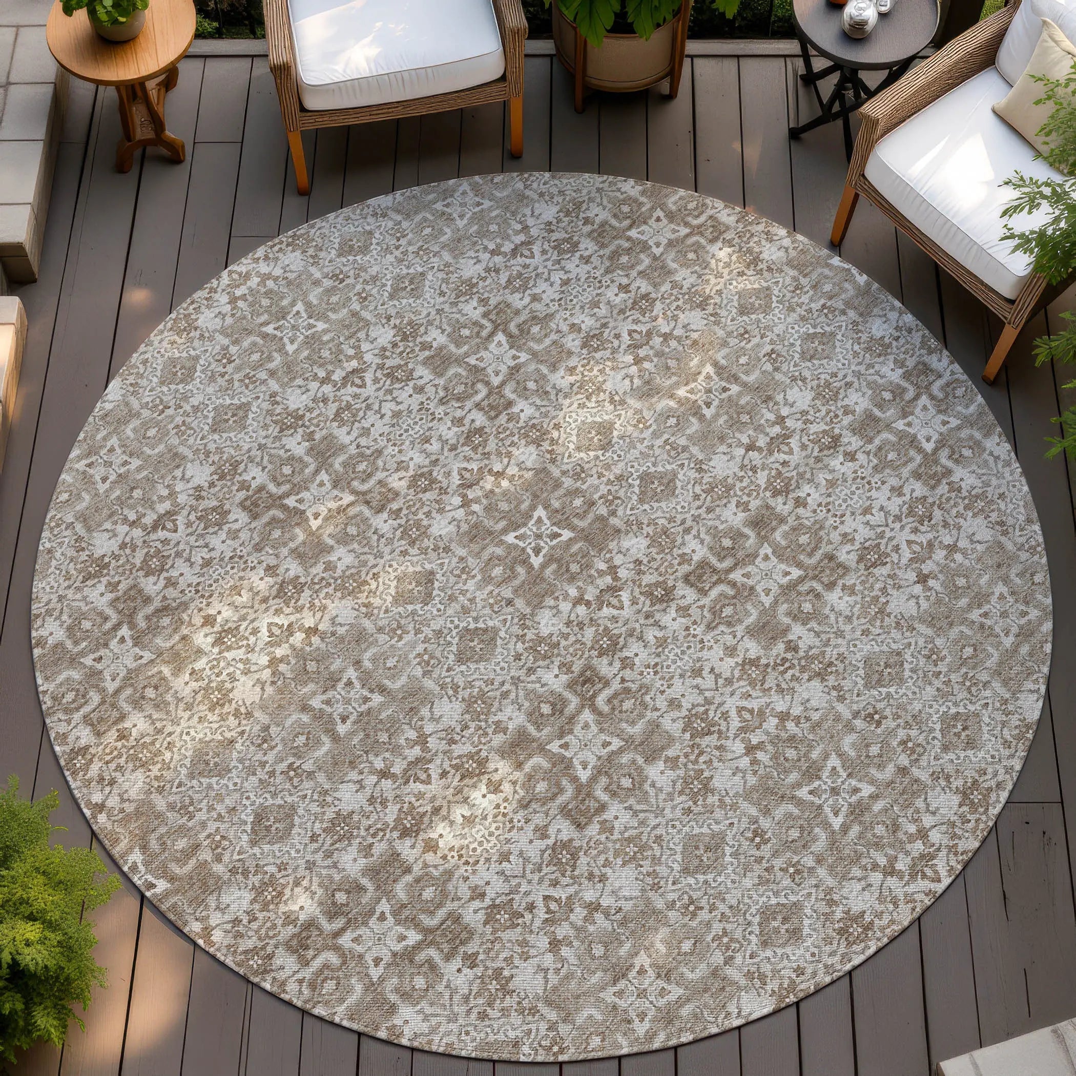 8' Beige And Khaki Round Oriental Washable Indoor Outdoor Area Rug Homeroots Outdoor