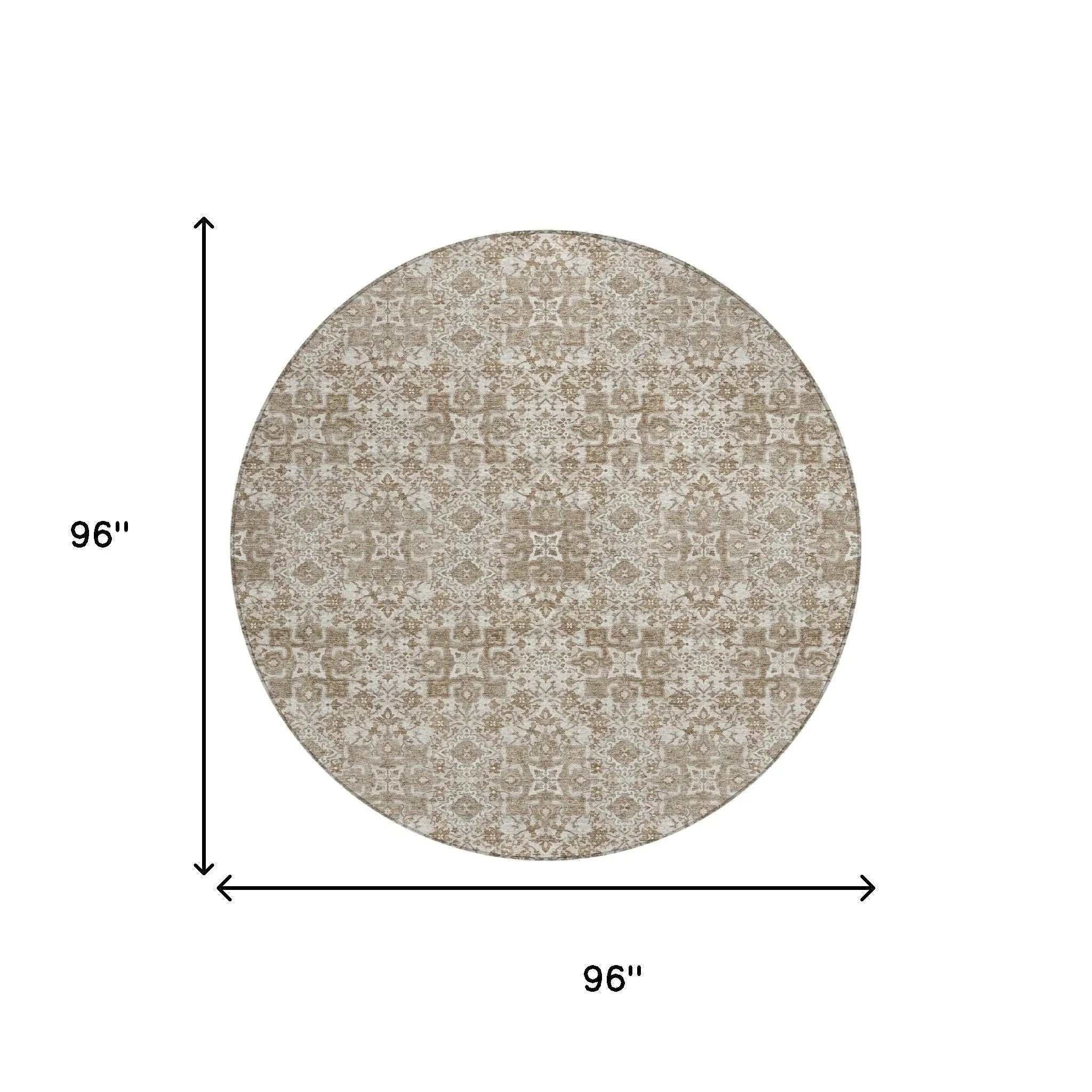 8' Beige And Khaki Round Oriental Washable Indoor Outdoor Area Rug Homeroots Outdoor