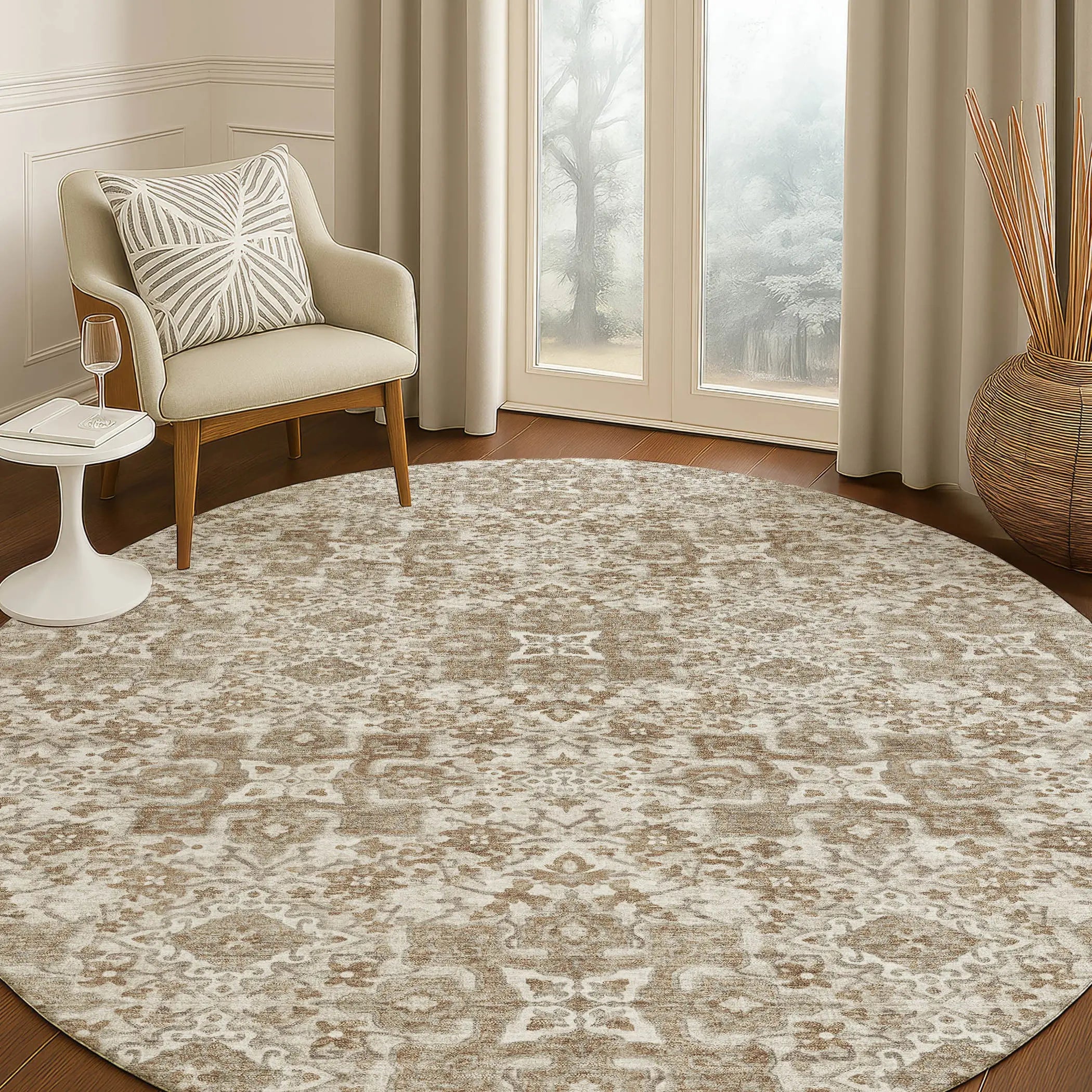 8' Beige And Khaki Round Oriental Washable Indoor Outdoor Area Rug Homeroots Outdoor