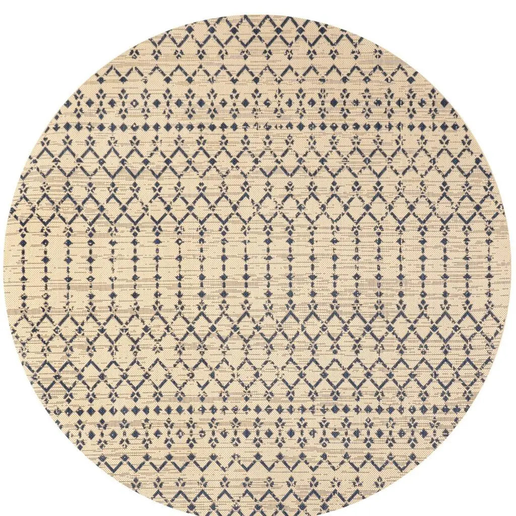 8' Beige And Navy Blue Round Trellis Indoor Outdoor Area Rug Homeroots Outdoor