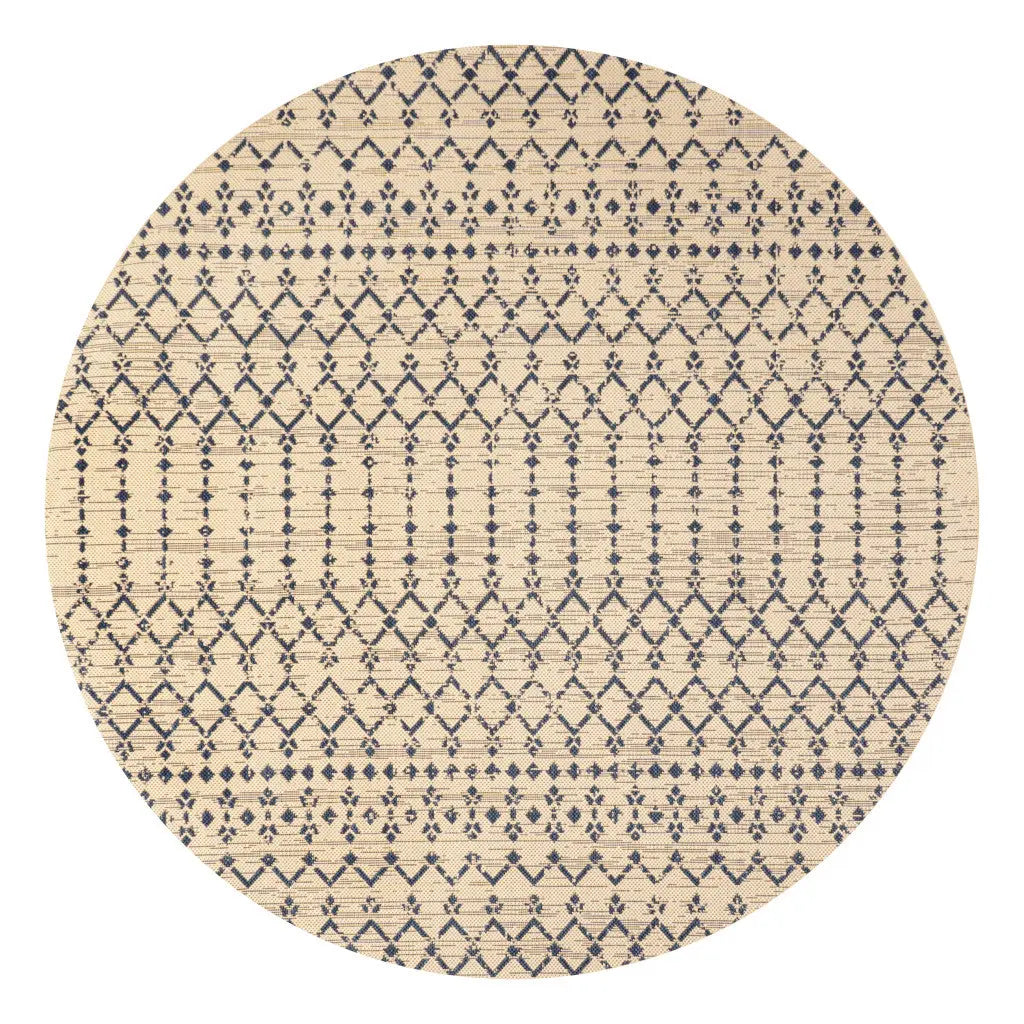 8' Beige And Navy Blue Round Trellis Indoor Outdoor Area Rug Homeroots Outdoor