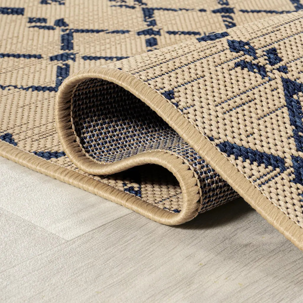 8' Beige And Navy Blue Round Trellis Indoor Outdoor Area Rug Homeroots Outdoor