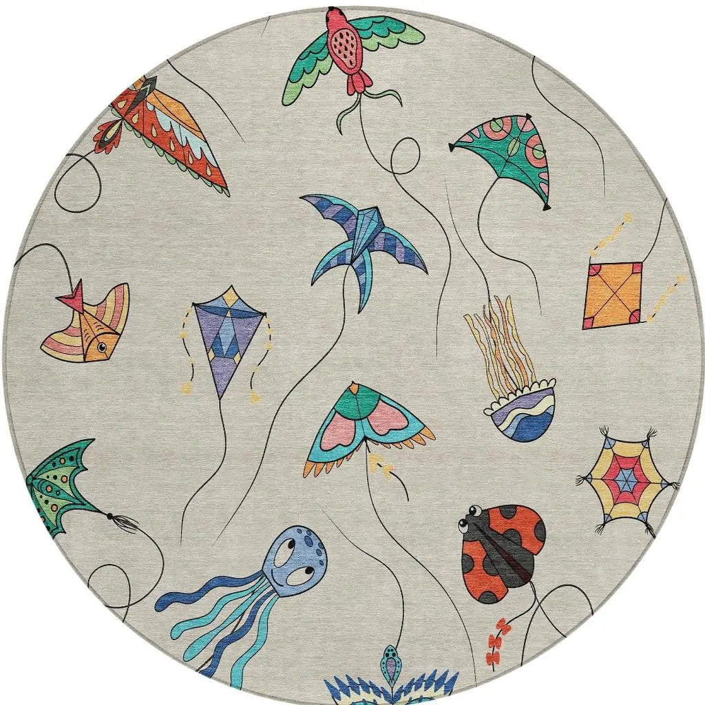 8' Beige And Orange Round Geometric Washable Indoor Outdoor Area Rug Homeroots Outdoor