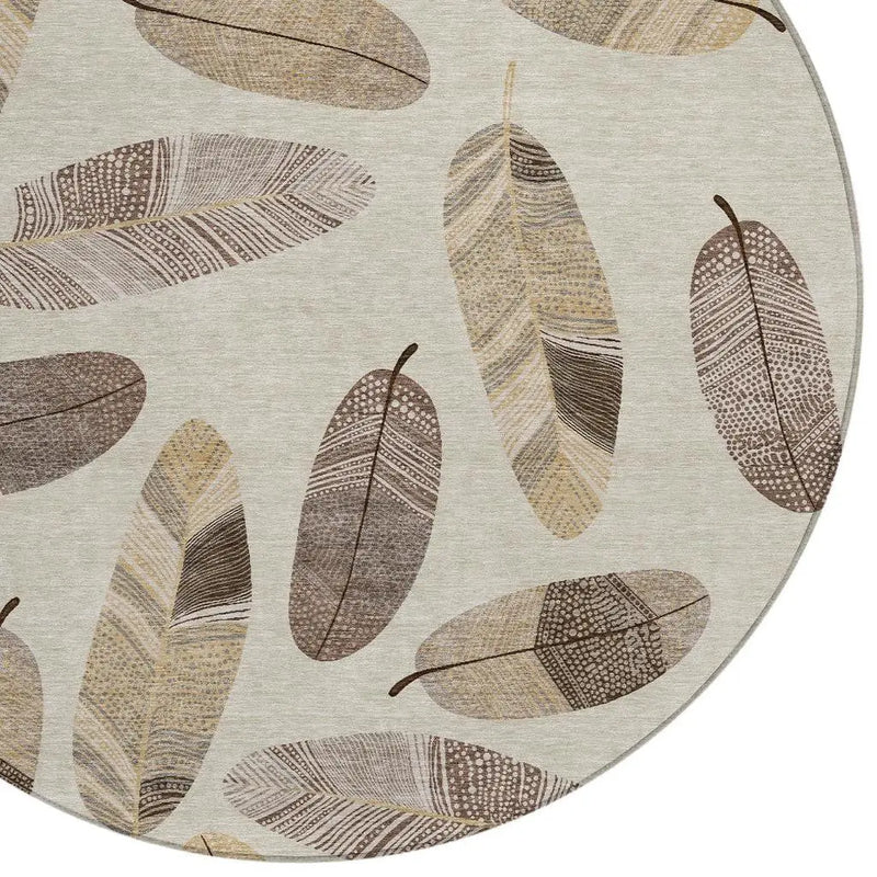 8' Beige And Sky Blue Round Botanical Leaves Washable Indoor Outdoor Area Rug Homeroots Outdoor