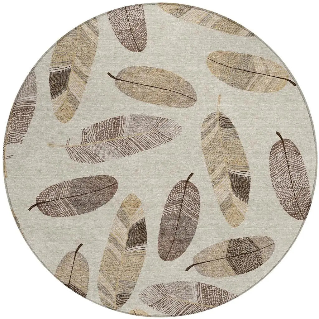 8' Beige And Sky Blue Round Botanical Leaves Washable Indoor Outdoor Area Rug Homeroots Outdoor