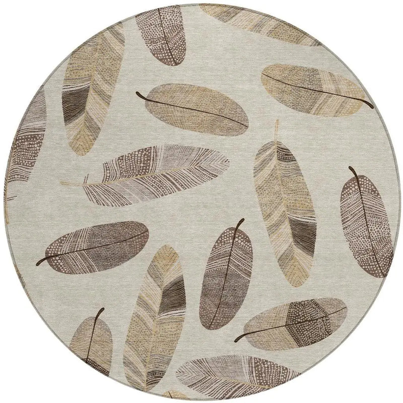 8' Beige And Sky Blue Round Botanical Leaves Washable Indoor Outdoor Area Rug Homeroots Outdoor