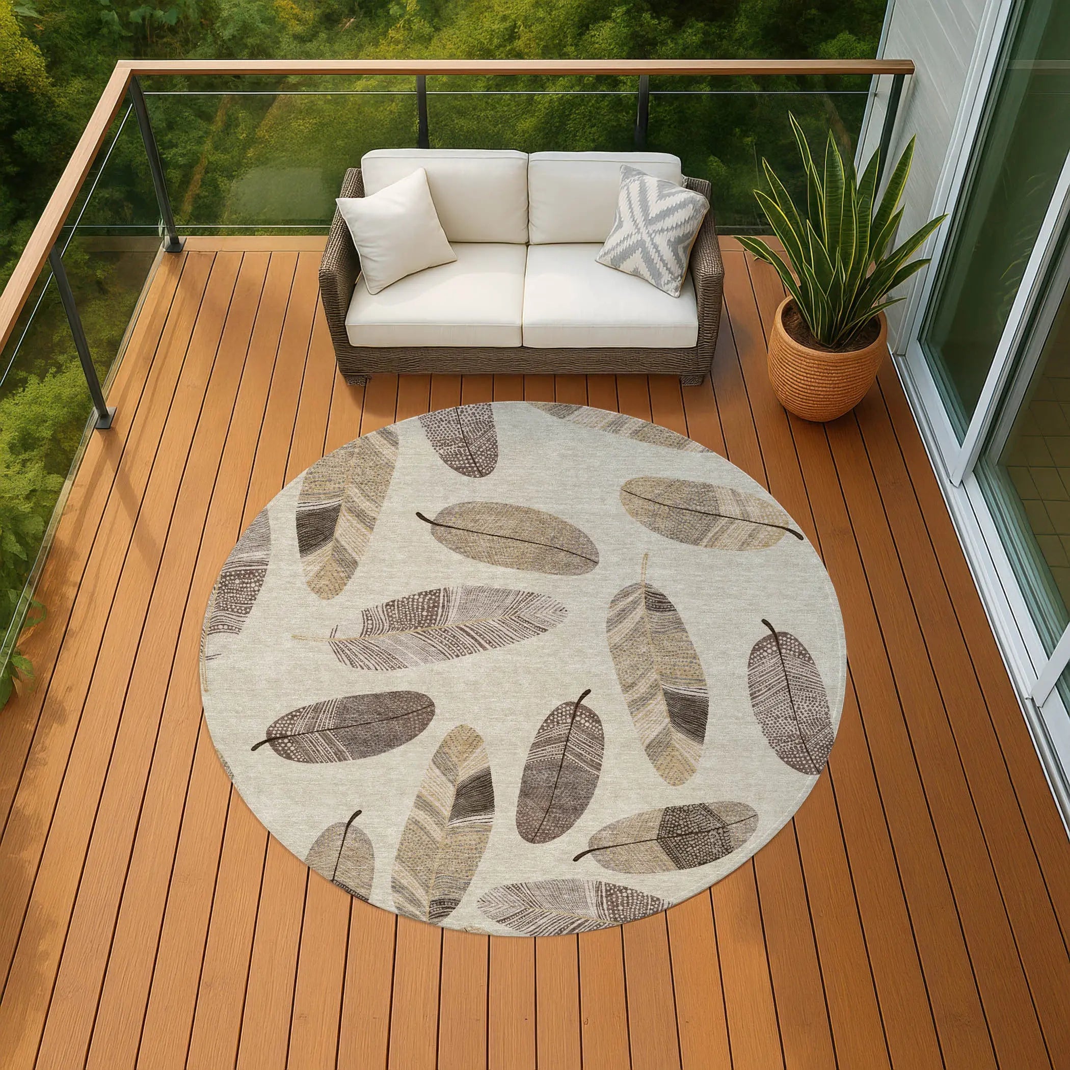 8' Beige And Sky Blue Round Botanical Leaves Washable Indoor Outdoor Area Rug Homeroots Outdoor