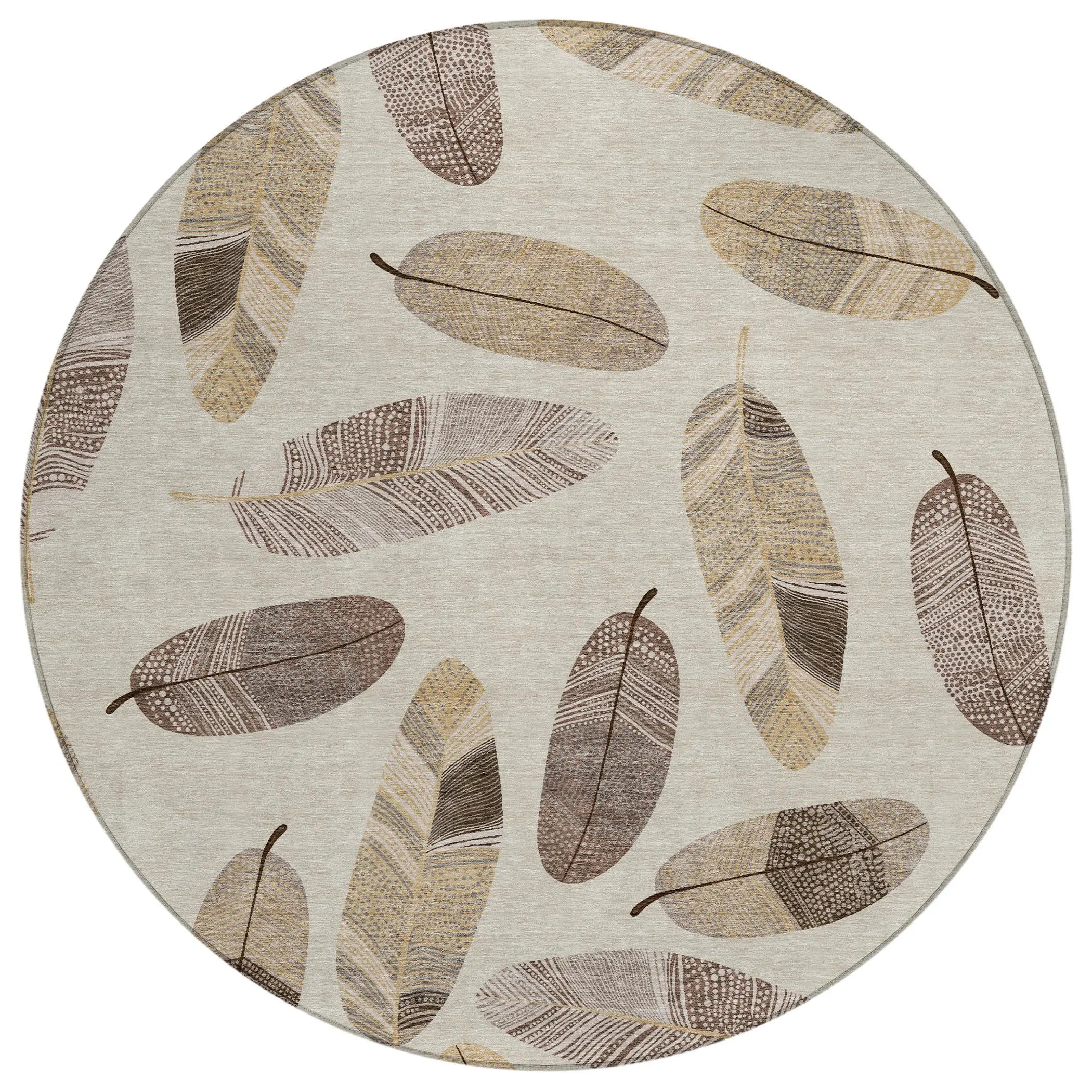 8' Beige And Sky Blue Round Botanical Leaves Washable Indoor Outdoor Area Rug Homeroots Outdoor