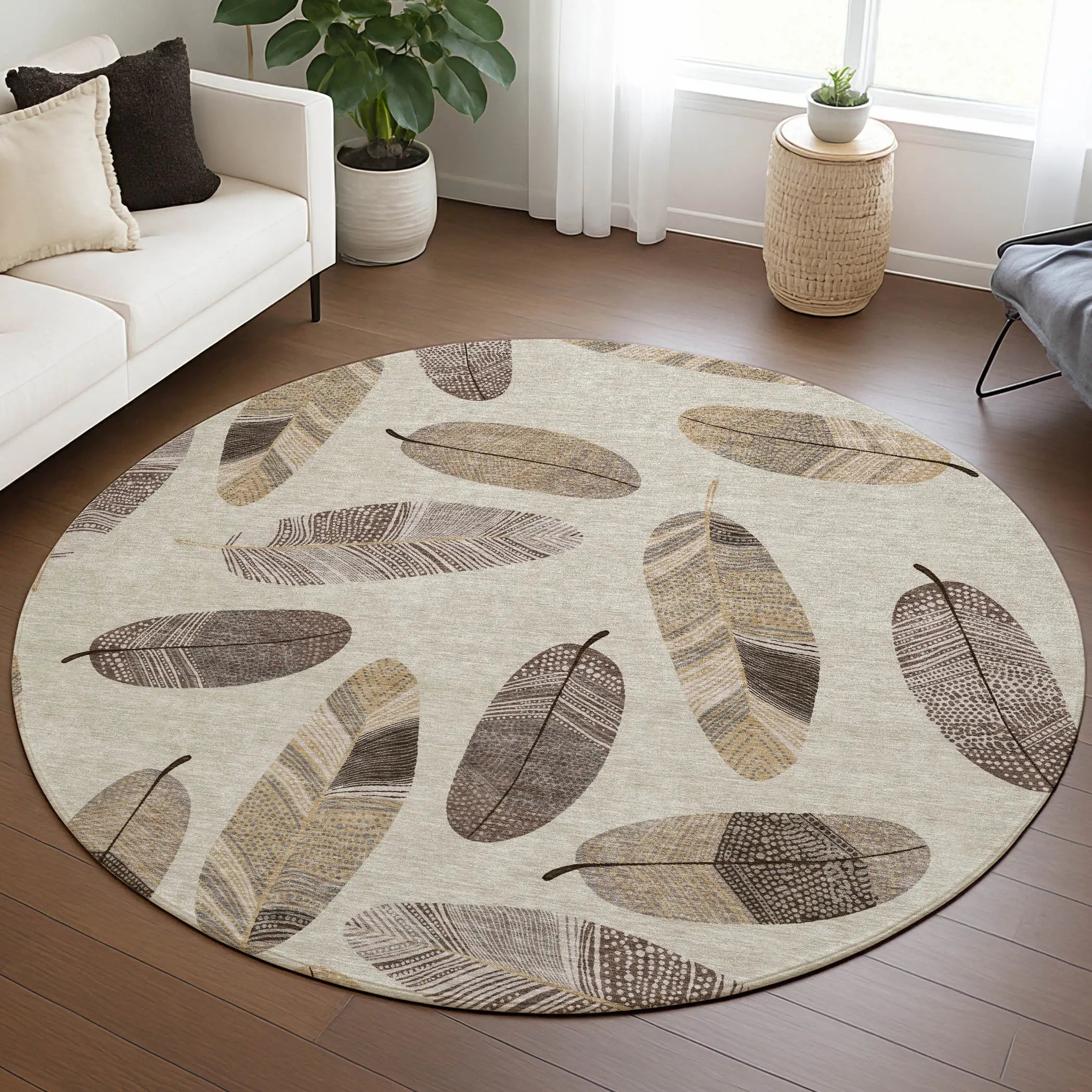 8' Beige And Sky Blue Round Botanical Leaves Washable Indoor Outdoor Area Rug Homeroots Outdoor