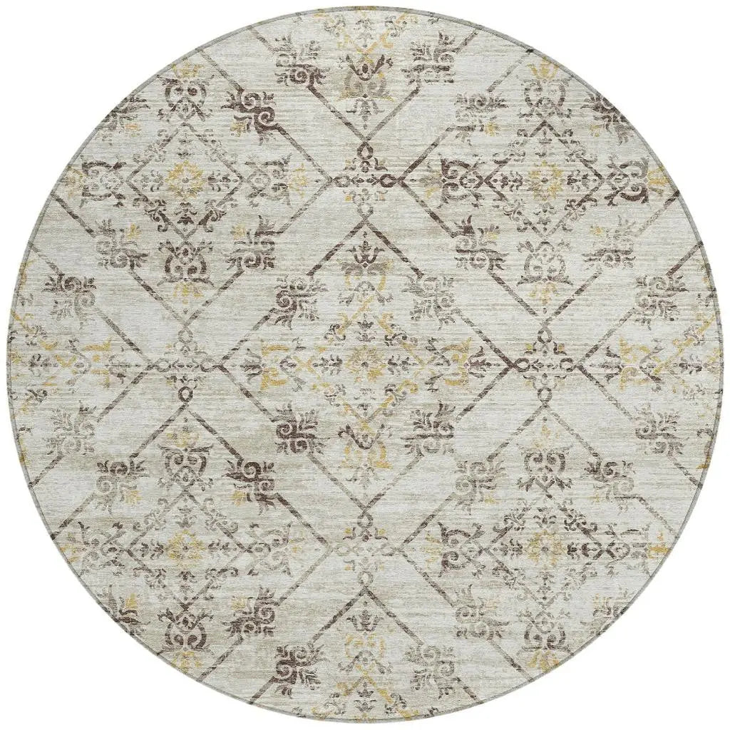 8' Beige And Sky Blue Round Geometric Washable Indoor Outdoor Area Rug Homeroots Outdoor