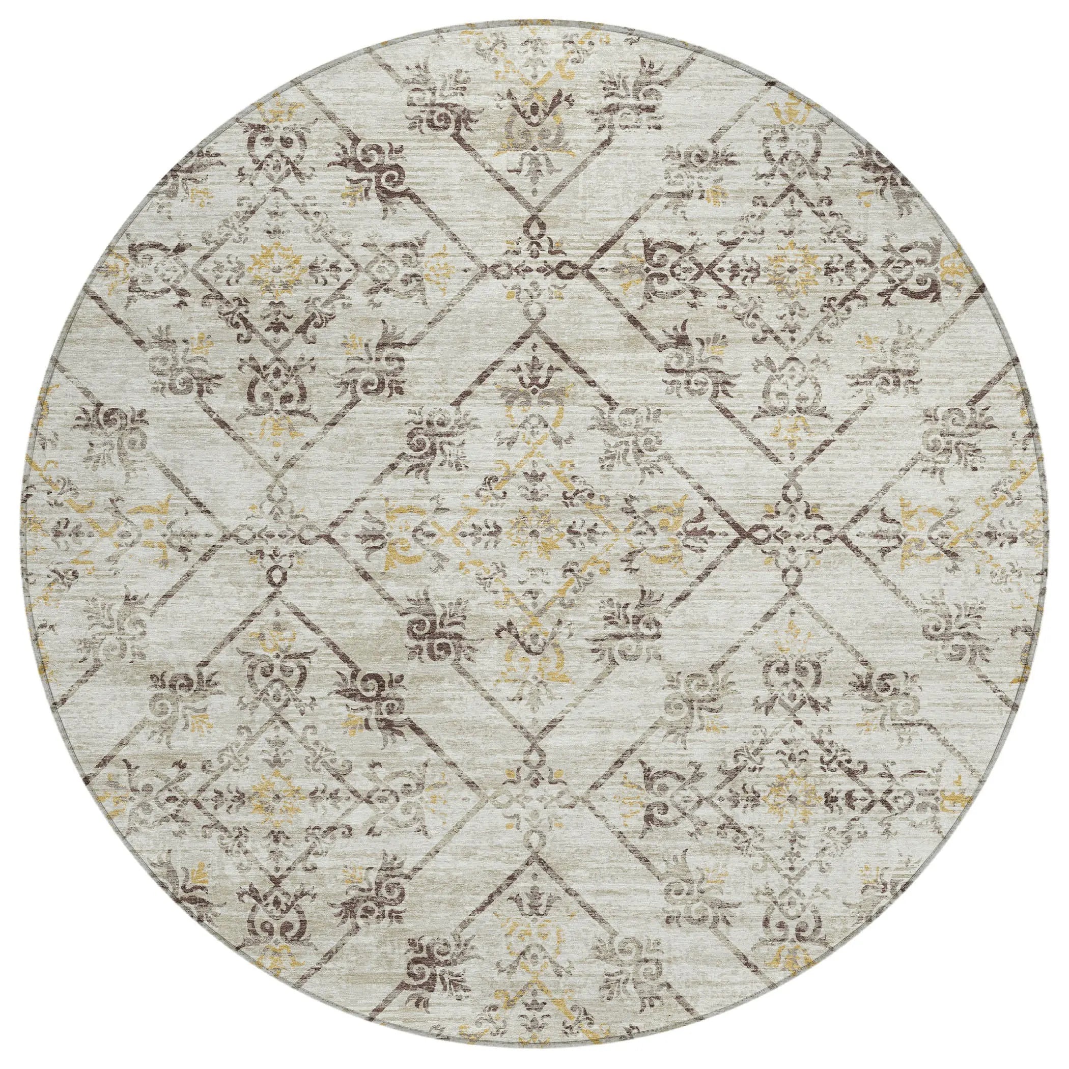 8' Beige And Sky Blue Round Geometric Washable Indoor Outdoor Area Rug Homeroots Outdoor