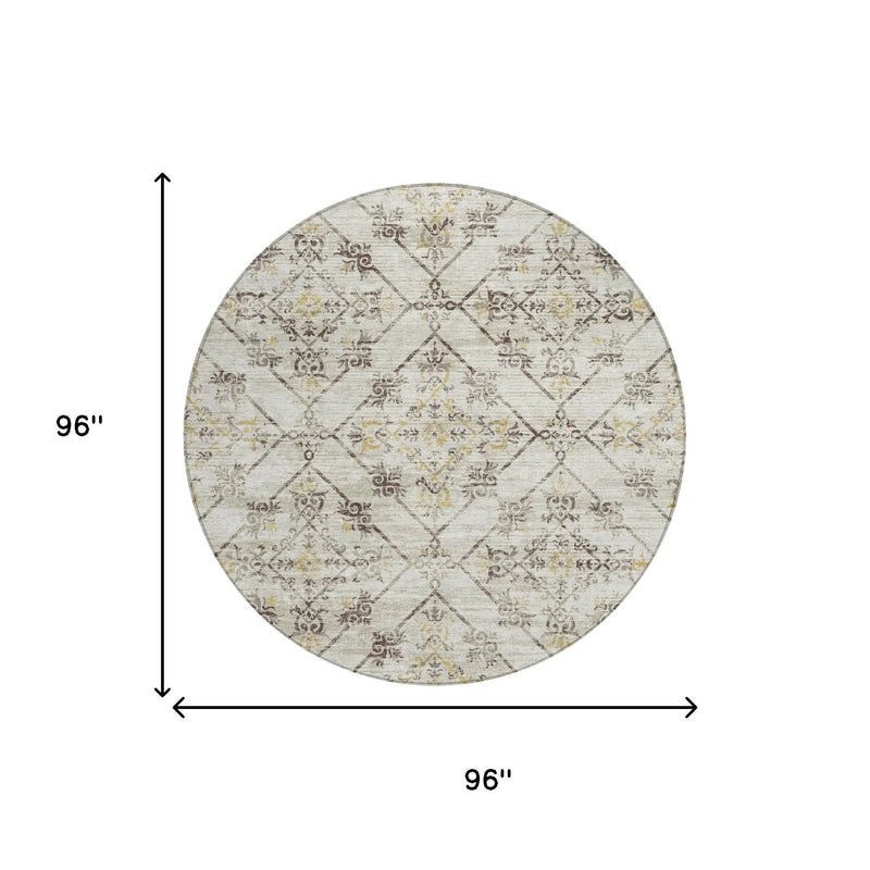 8' Beige And Sky Blue Round Geometric Washable Indoor Outdoor Area Rug Homeroots Outdoor