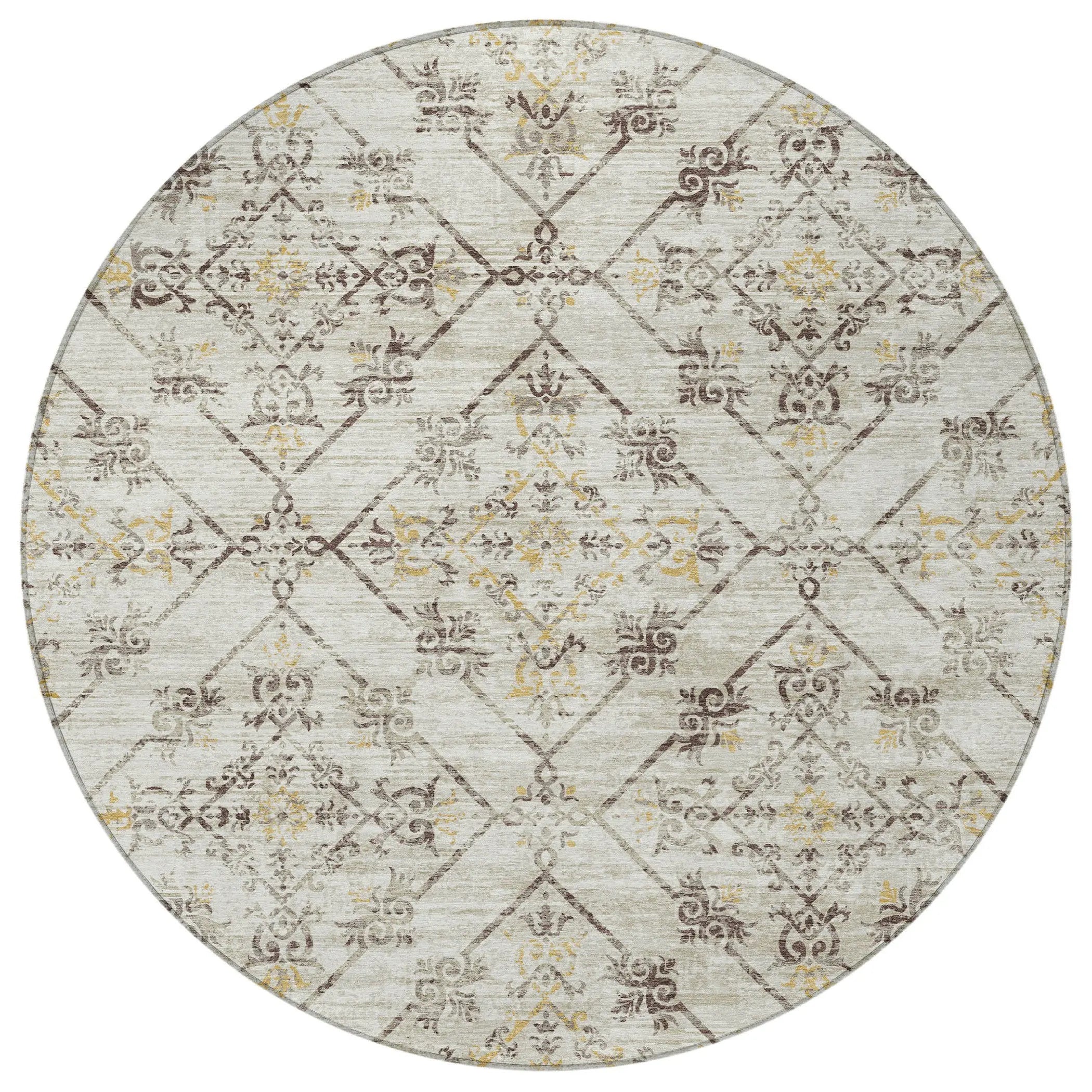 8' Beige And Sky Blue Round Geometric Washable Indoor Outdoor Area Rug Homeroots Outdoor