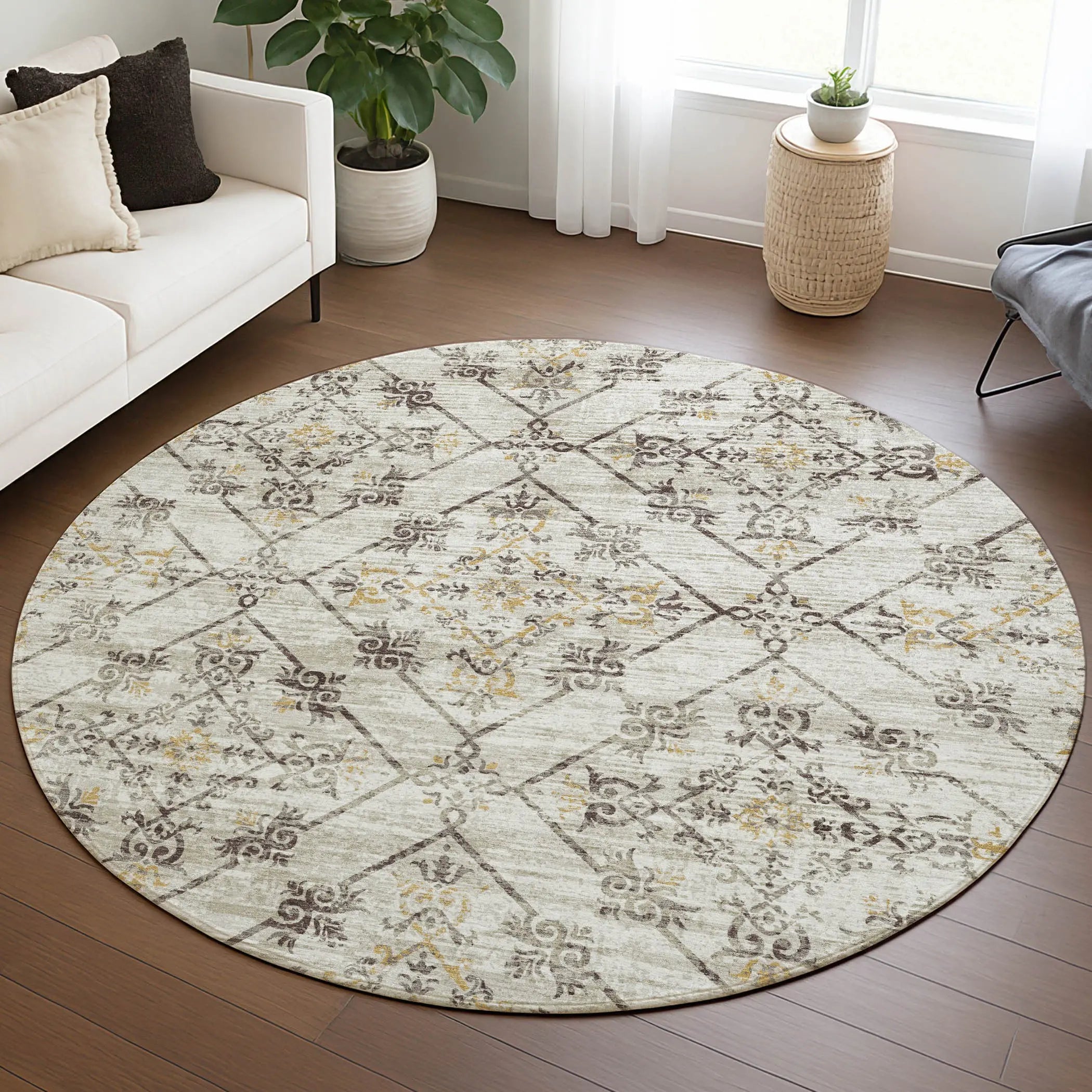 8' Beige And Sky Blue Round Geometric Washable Indoor Outdoor Area Rug Homeroots Outdoor