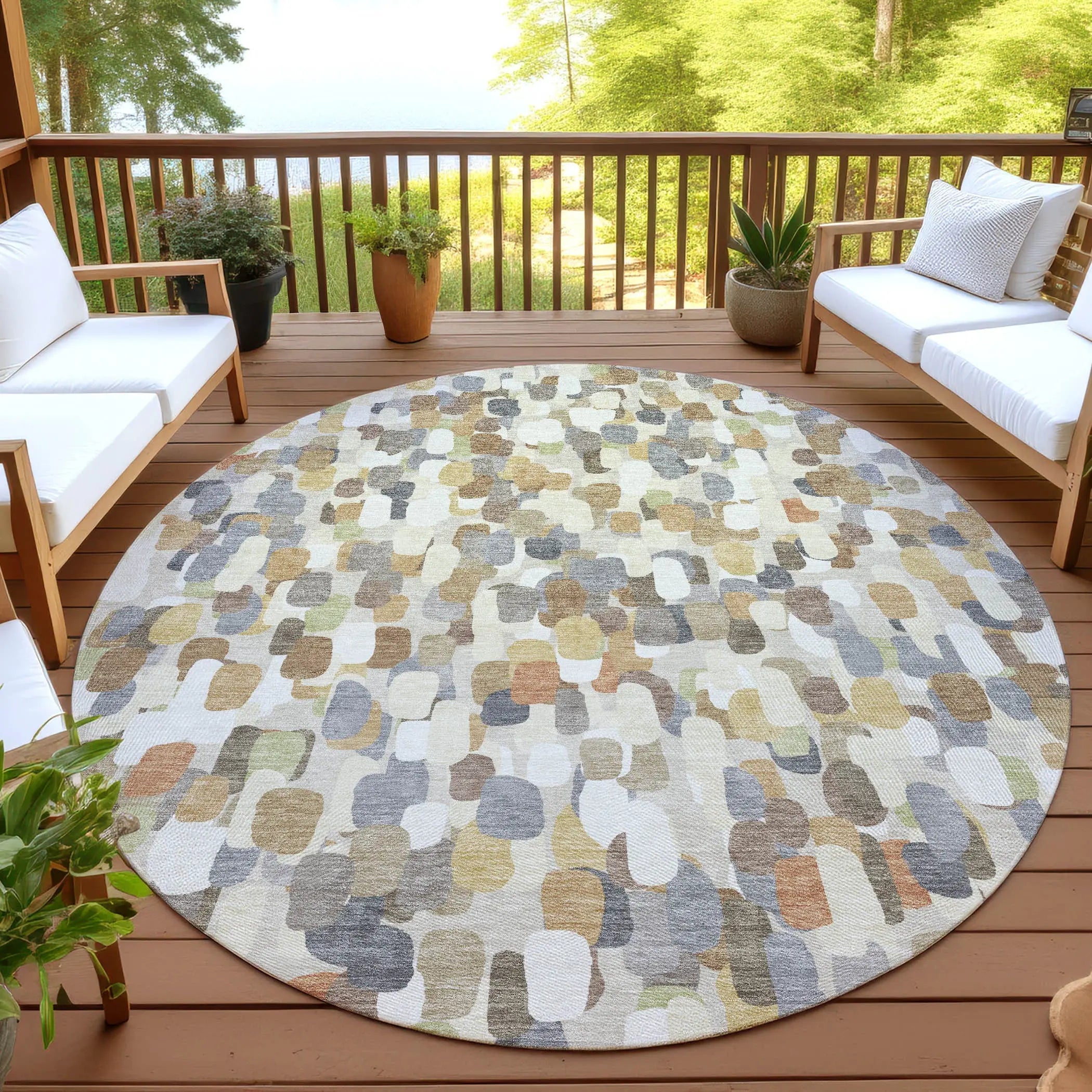 8' Beige And Taupe Round Abstract Washable Indoor Outdoor Area Rug Homeroots Outdoor
