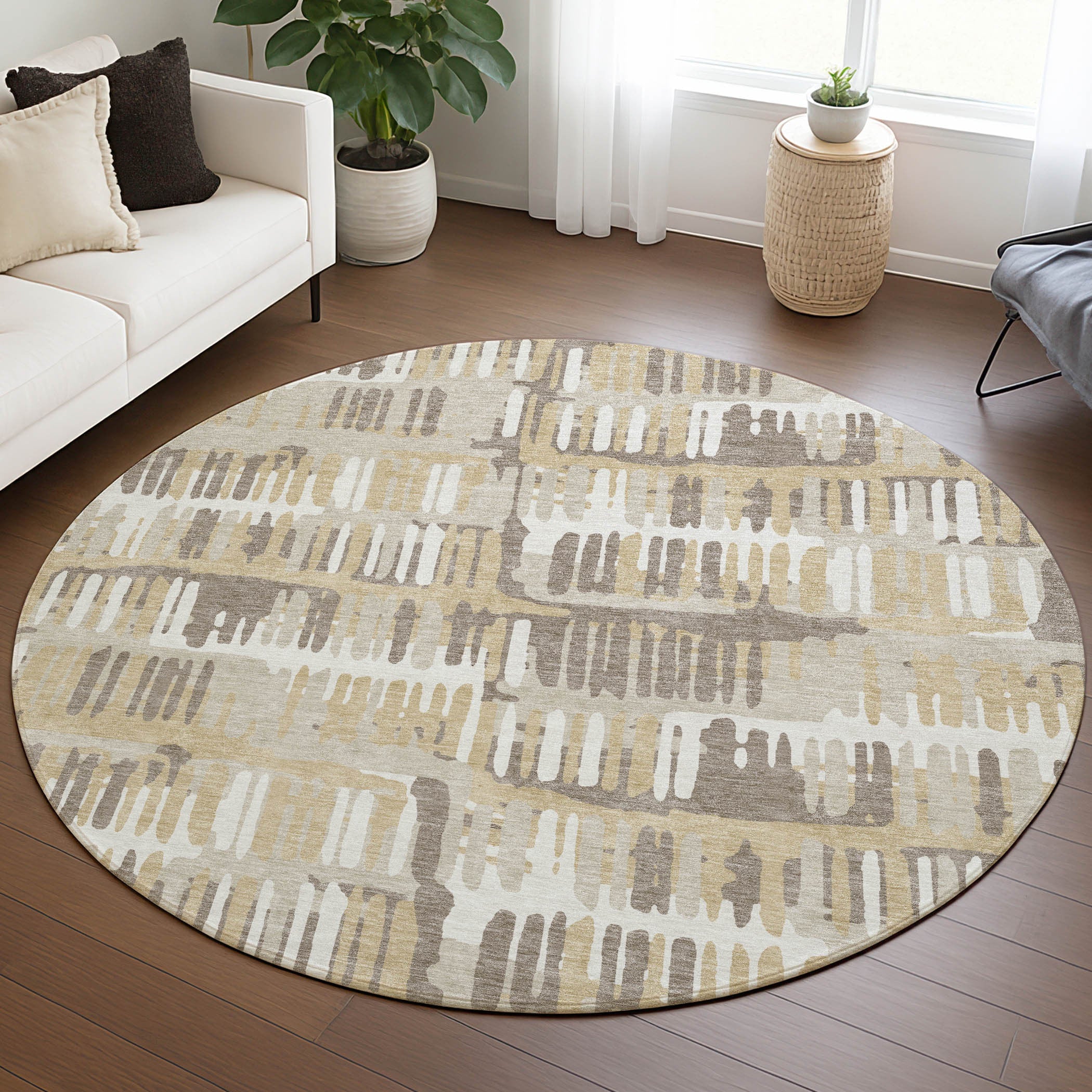 8' Beige And Taupe Round Abstract Washable Indoor Outdoor Area Rug Homeroots Outdoor