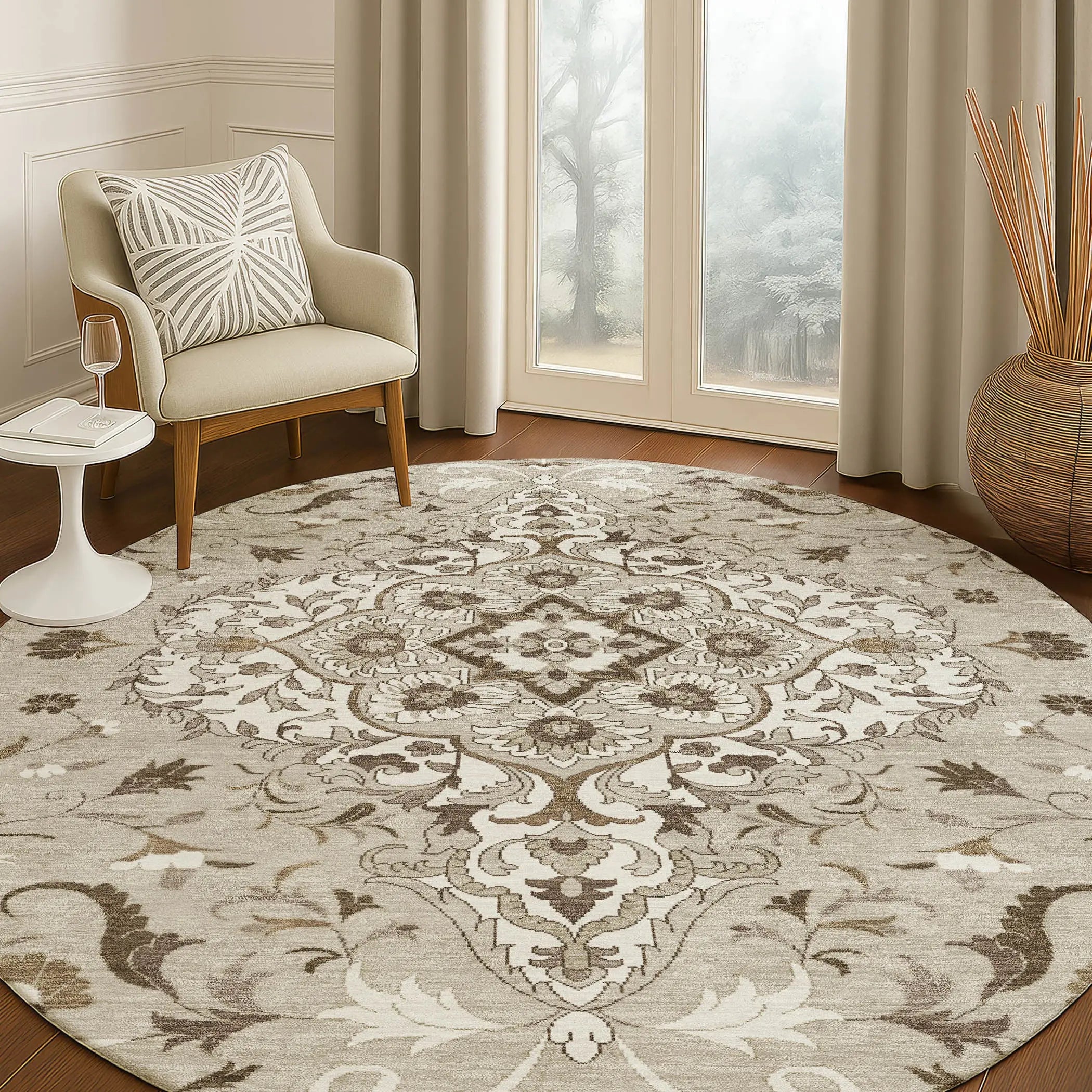 8' Beige And Taupe Round Medallion Washable Indoor Outdoor Area Rug Homeroots Outdoor