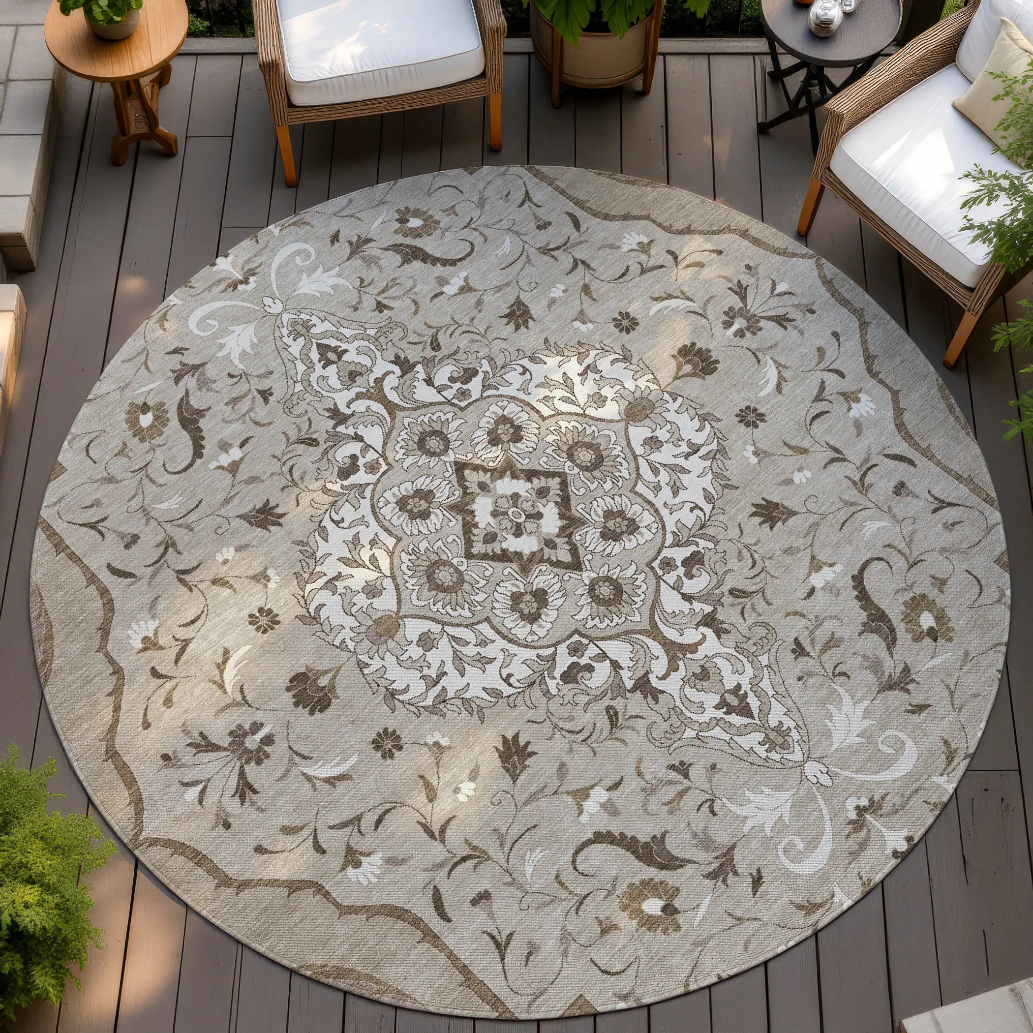 8' Beige And Taupe Round Medallion Washable Indoor Outdoor Area Rug Homeroots Outdoor