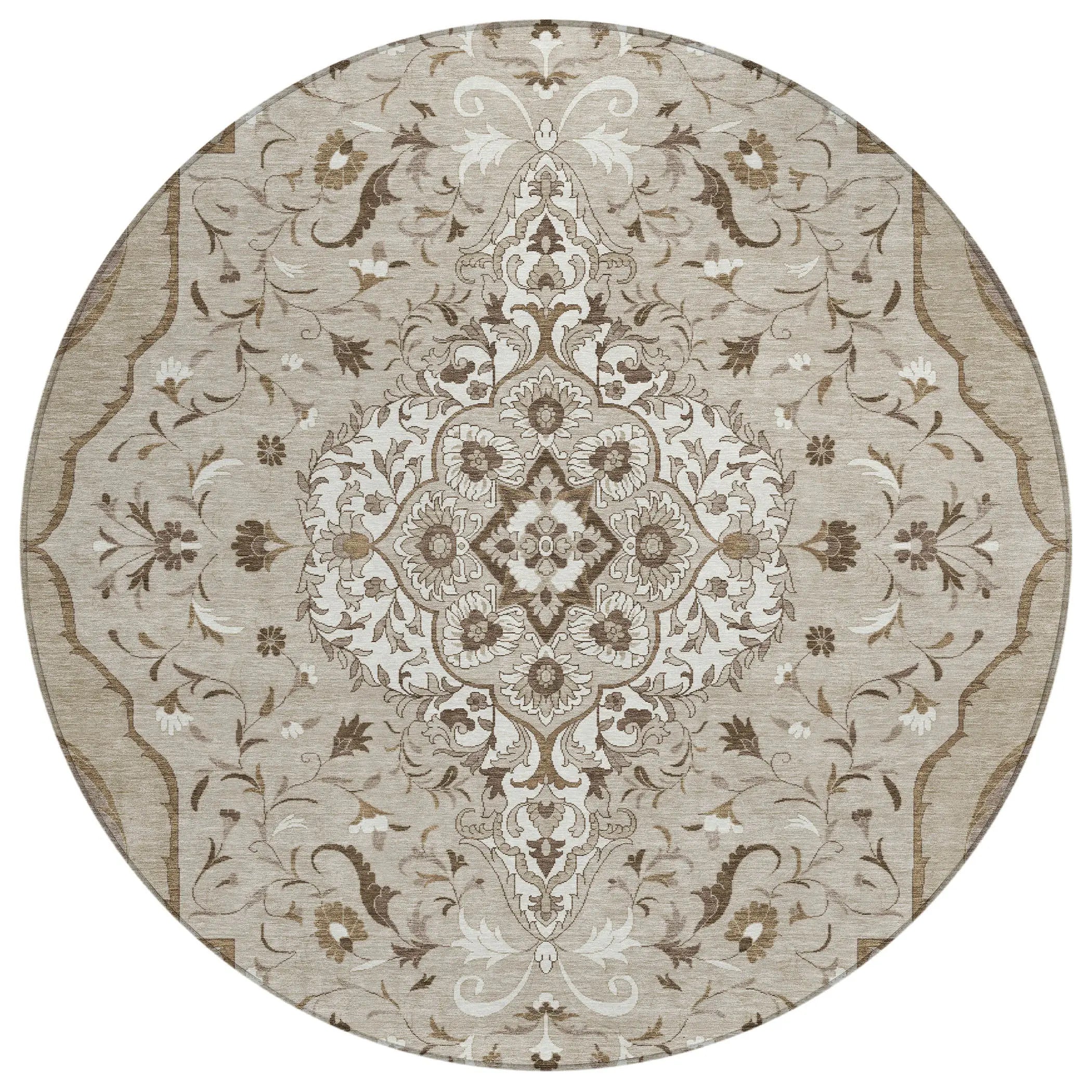 8' Beige And Taupe Round Medallion Washable Indoor Outdoor Area Rug Homeroots Outdoor