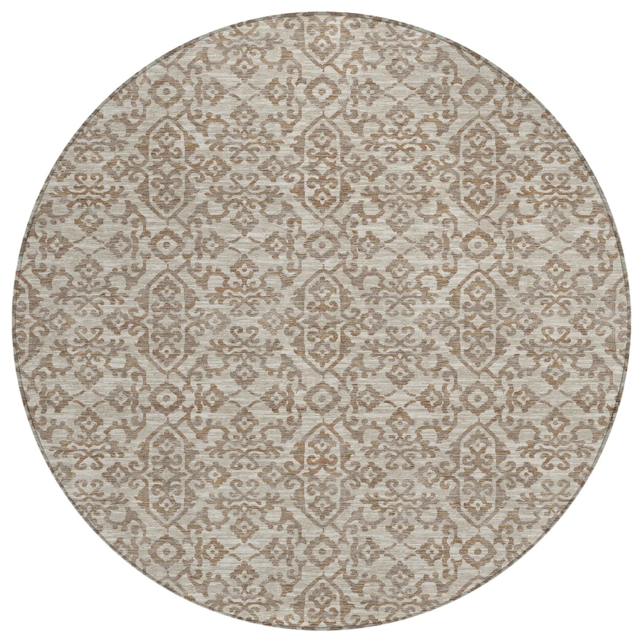 8' Beige And Taupe Round Oriental Washable Indoor Outdoor Area Rug Homeroots Outdoor
