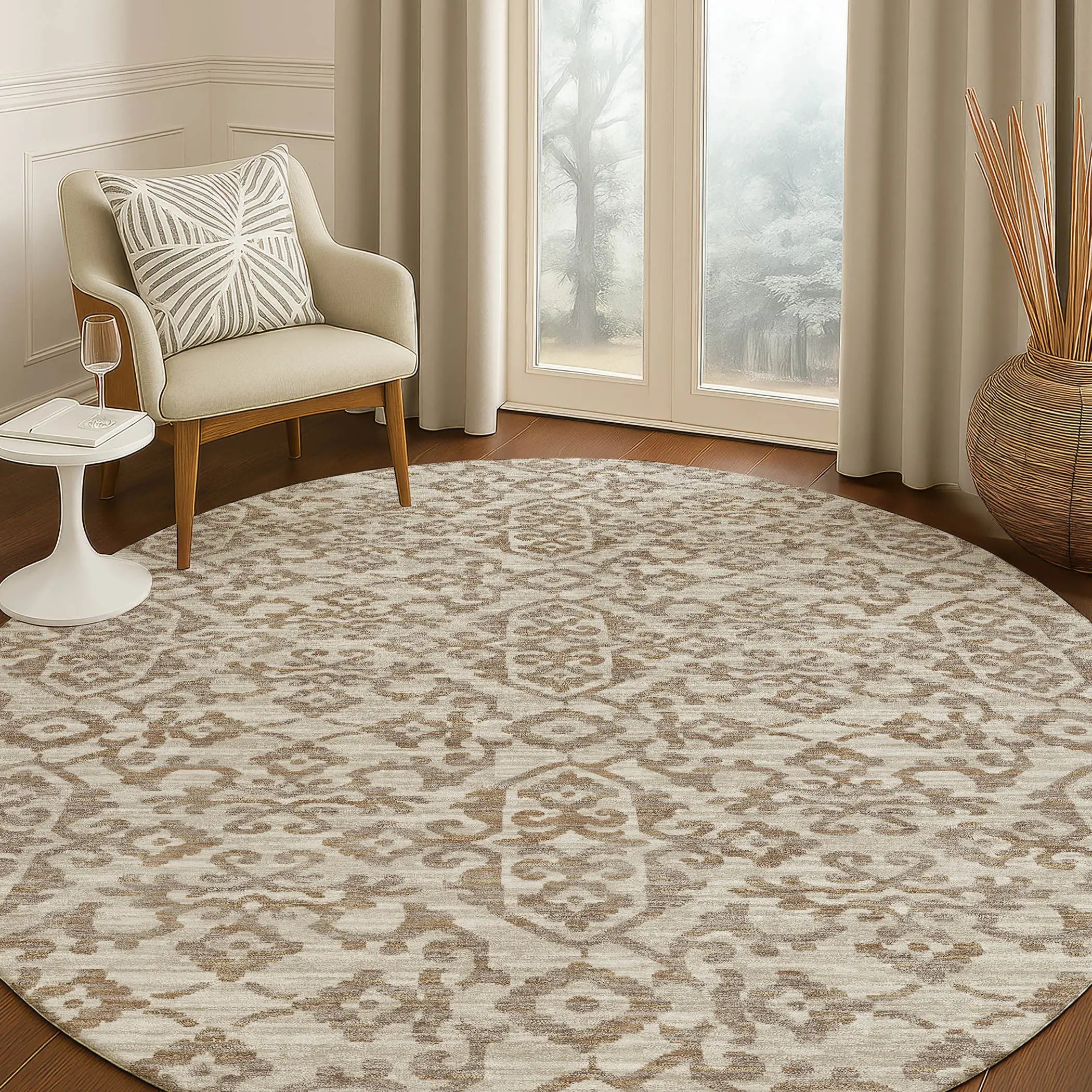 8' Beige And Taupe Round Oriental Washable Indoor Outdoor Area Rug Homeroots Outdoor