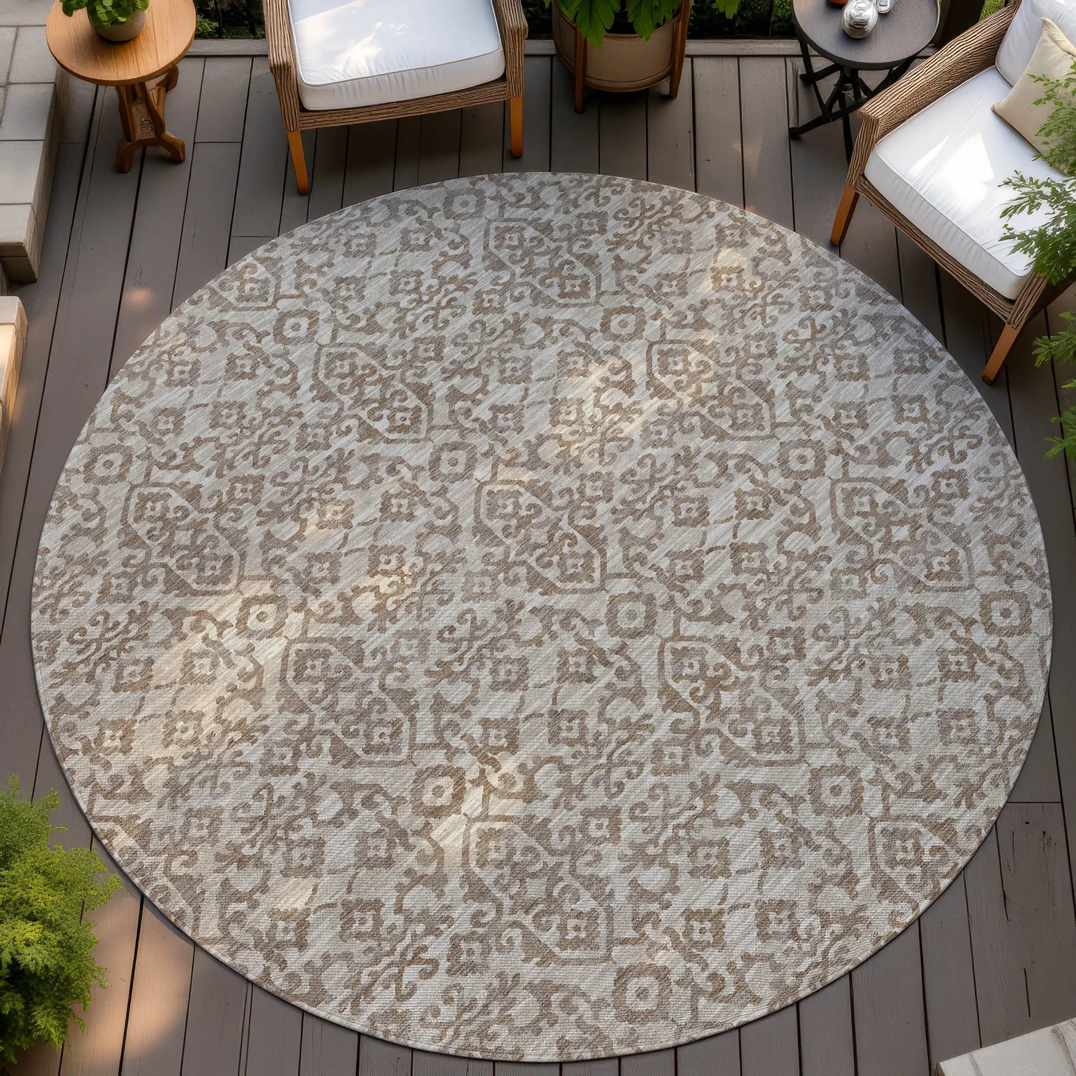 8' Beige And Taupe Round Oriental Washable Indoor Outdoor Area Rug Homeroots Outdoor
