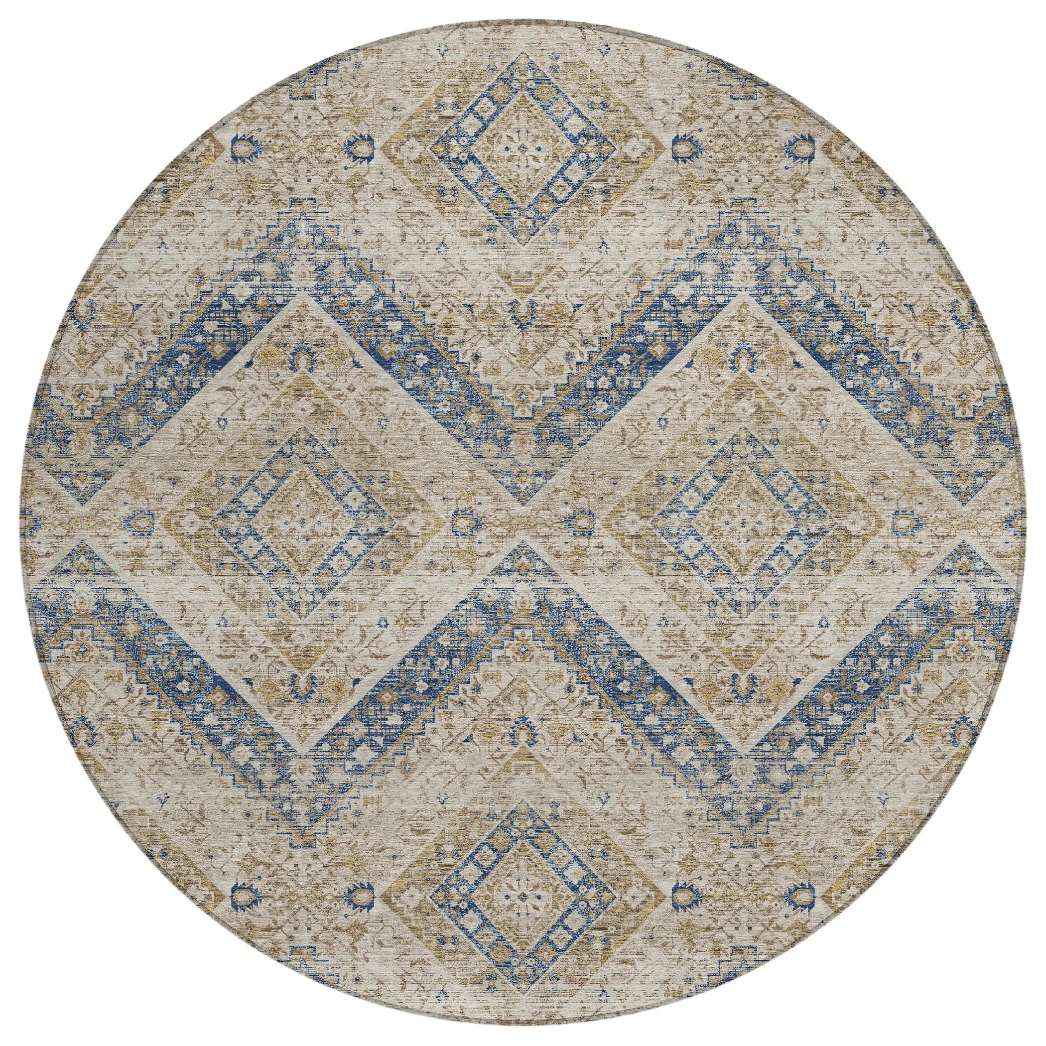 8' Beige And Teal Blue Round Tribal Washable Indoor Outdoor Area Rug Homeroots Outdoor