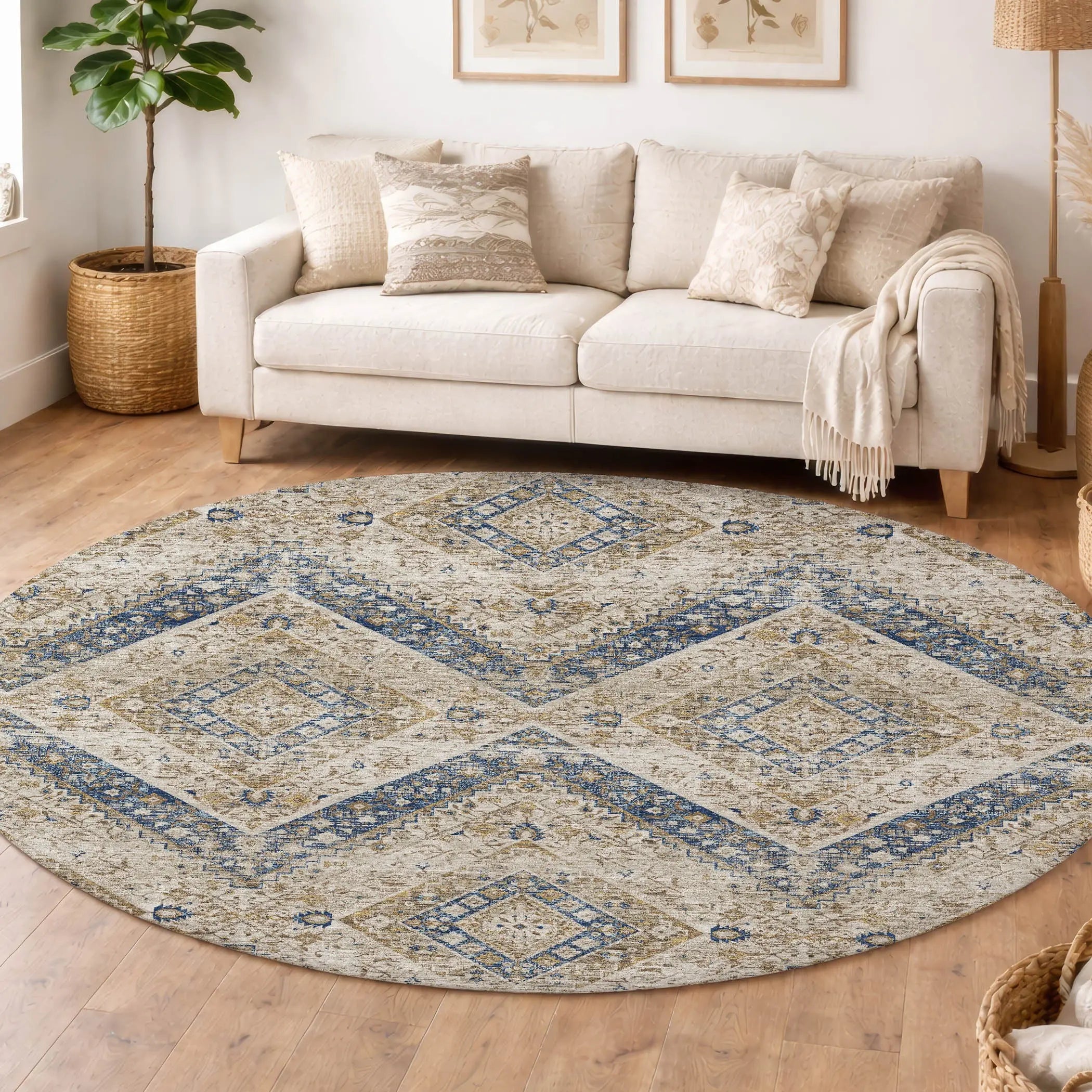 8' Beige And Teal Blue Round Tribal Washable Indoor Outdoor Area Rug Homeroots Outdoor