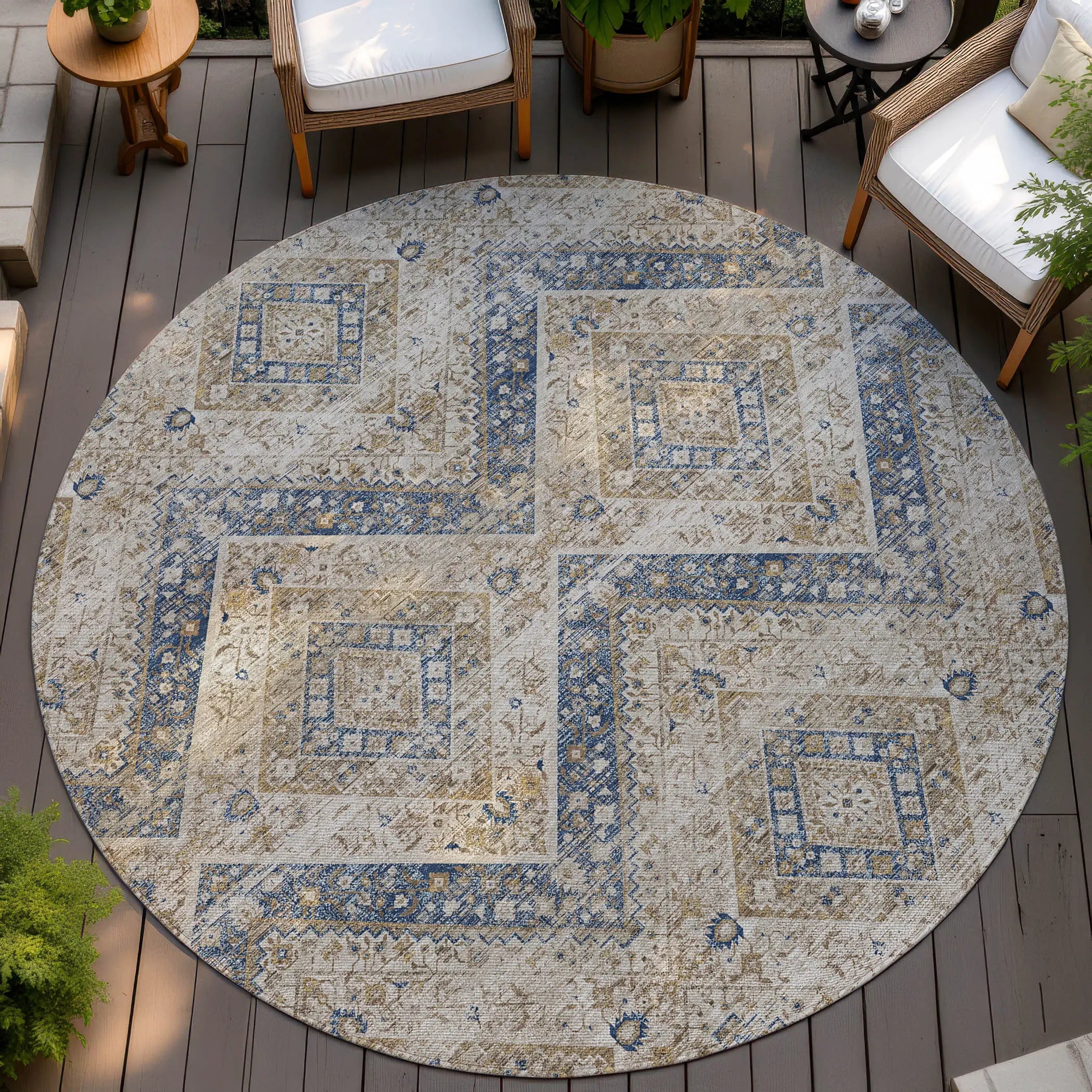 8' Beige And Teal Blue Round Tribal Washable Indoor Outdoor Area Rug Homeroots Outdoor