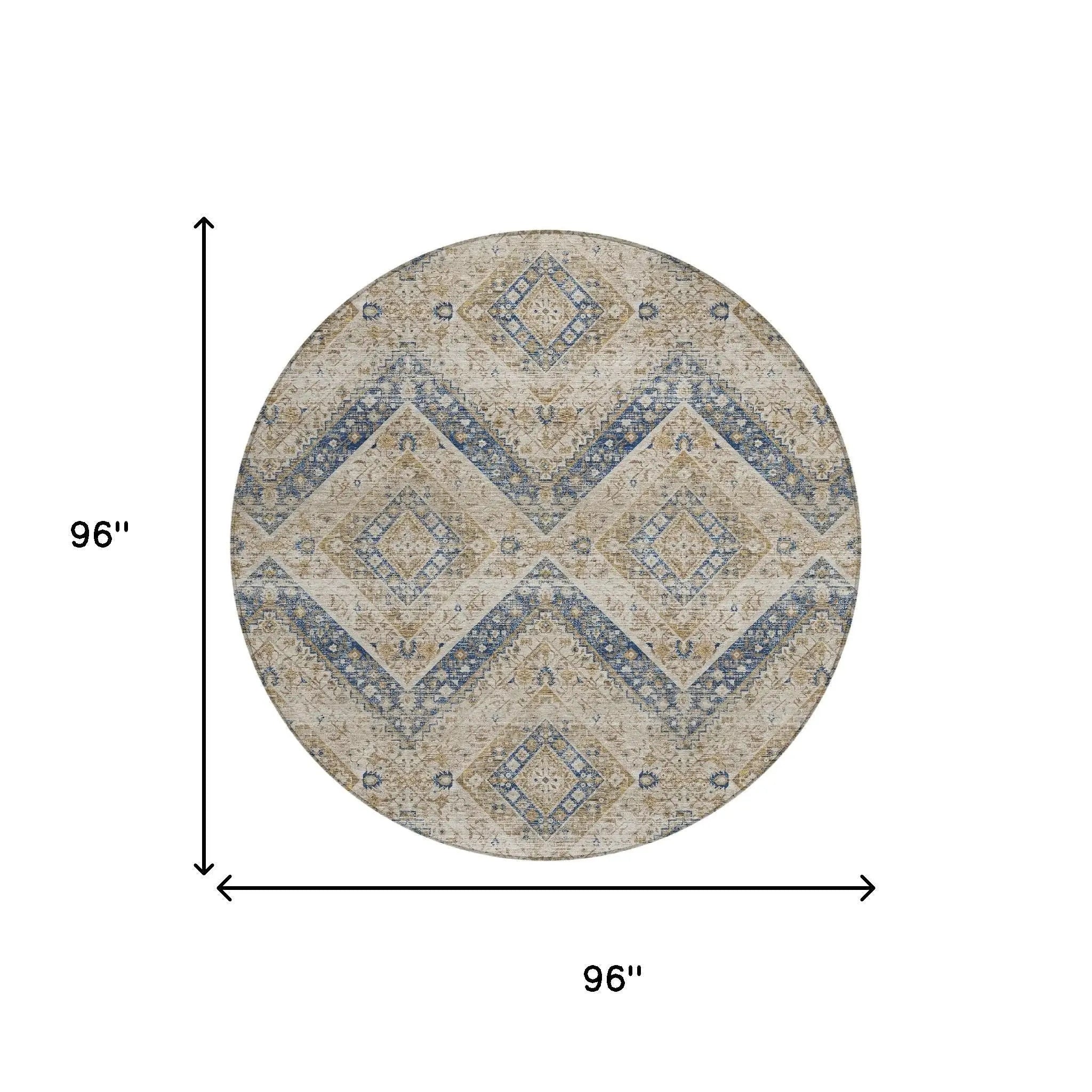 8' Beige And Teal Blue Round Tribal Washable Indoor Outdoor Area Rug Homeroots Outdoor