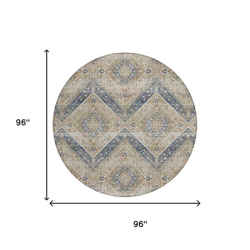 8' Beige And Teal Blue Round Tribal Washable Indoor Outdoor Area Rug Homeroots Outdoor