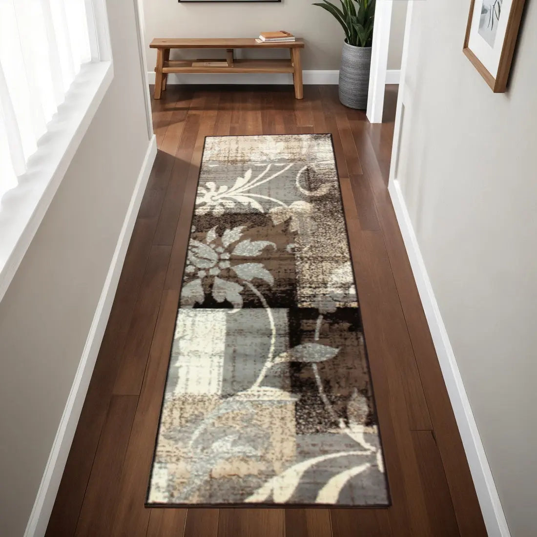 8' Beige Brown And Gray Floral Distressed Runner Rug Homeroots Home Decor