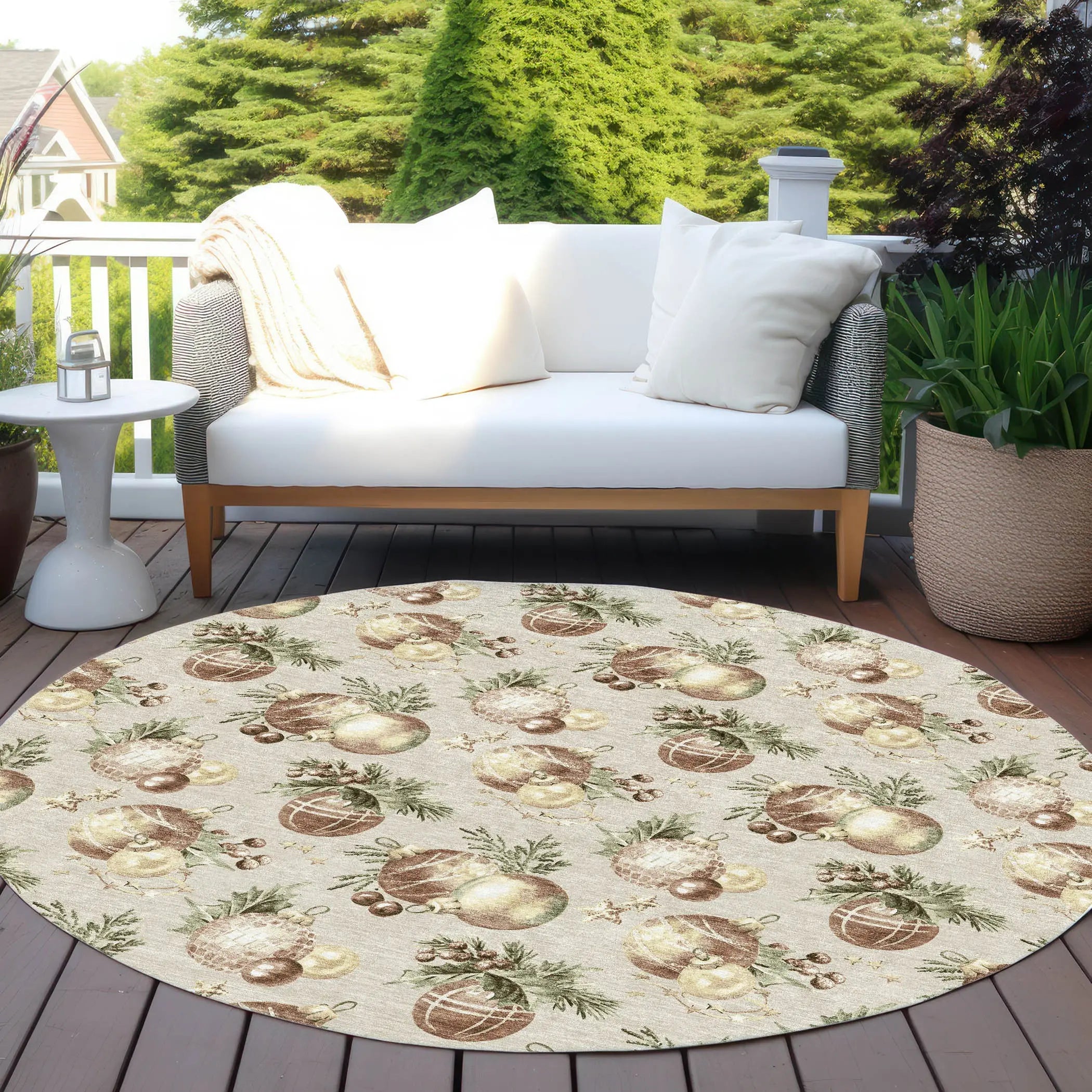 8' Beige Brown And Ivory Round Stars Washable Indoor Outdoor Area Rug Homeroots Outdoor