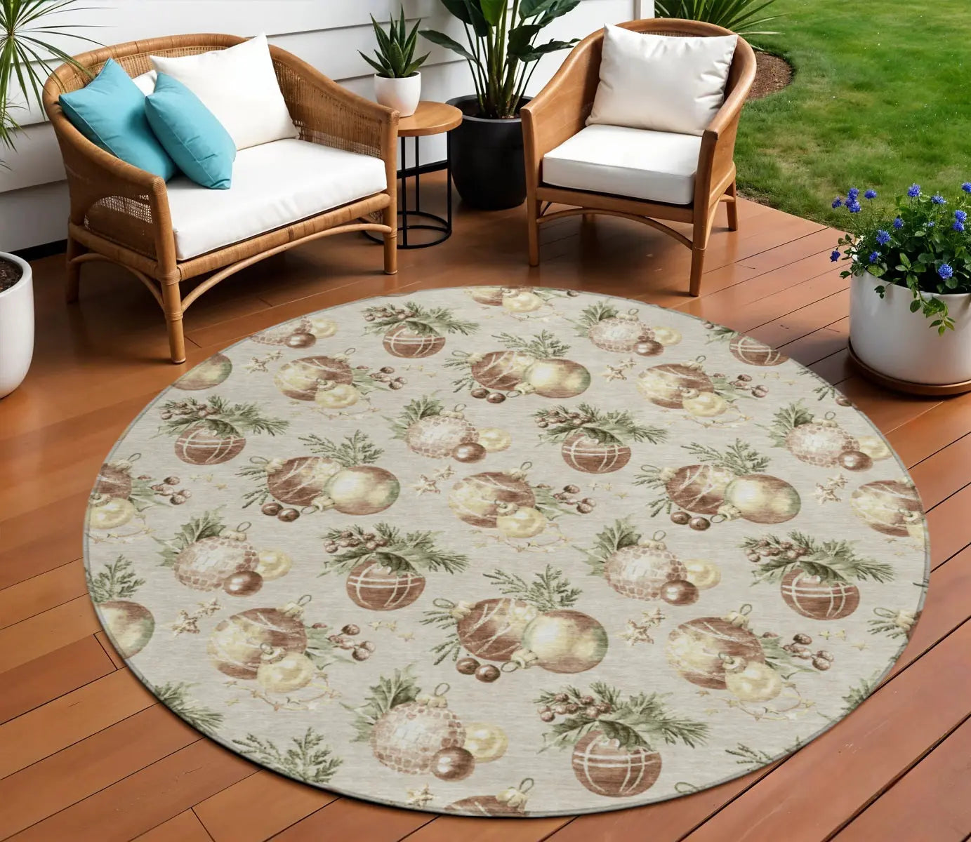 8' Beige Brown And Ivory Round Stars Washable Indoor Outdoor Area Rug Homeroots Outdoor